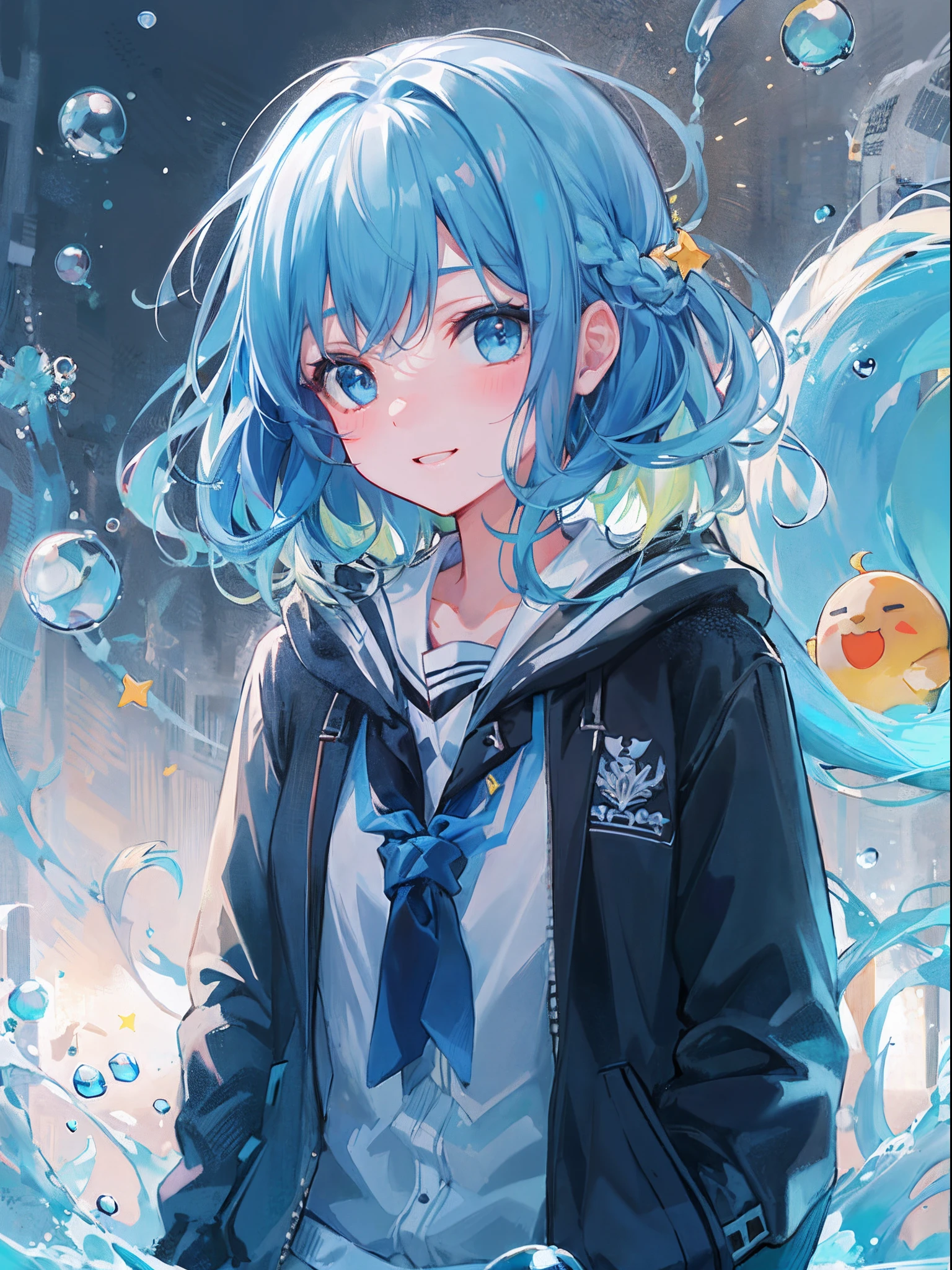 ((top-quality)), ((​masterpiece)), ((ultra-detailliert)), (extremely delicate and beautiful), girl with, 独奏, cold attitude,((Black jacket)),She is very(relax)with  the(Settled down)Looks,A dark-haired, depth of fields,evil smile,Bubble, under the water, Air bubble,bright light blue eyes,Inner color with light blue hair and dark blue tips,Cold background,Bob Hair - Linear Art, shortpants、knee high socks、White uniform like school uniform、Light blue ribbon ties、Clothes are sheer、Hands in pockets