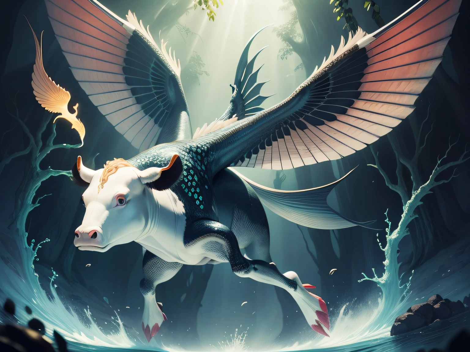 Fish with wings,The head of the cow,has a tail,Has limbs