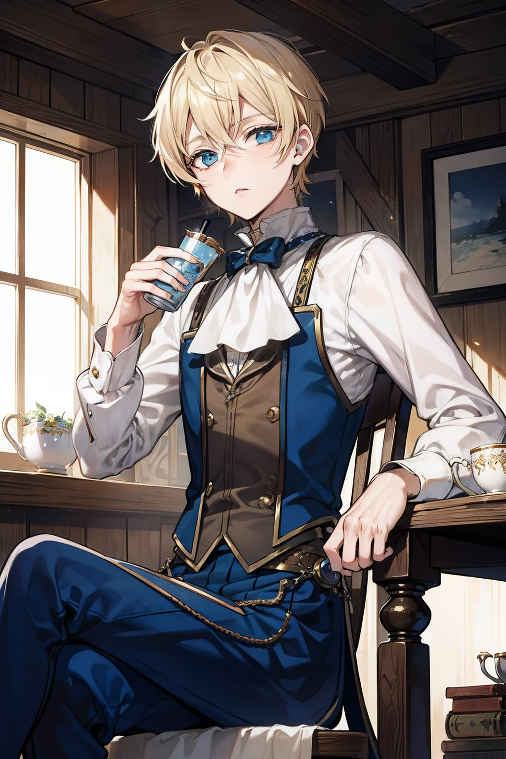 The nobleman sits down and drinks tea　steampunc　Blonde short hair　blue eyess　twinks　male people