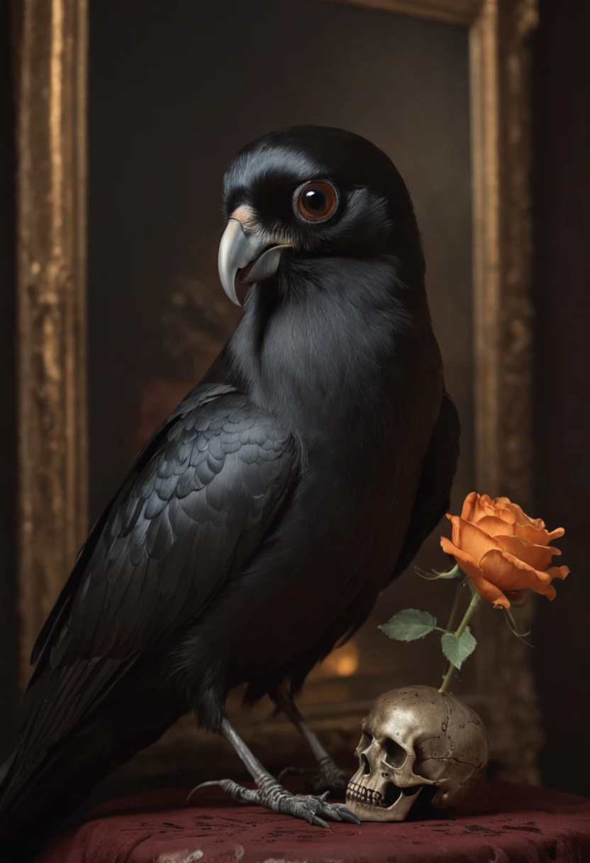 Painting of a black bird sitting in a vase with flowers and a skull, crows as a symbol of death, arte escura altamente detalhada, detailed 3d gothic oil painting, gothic art, arte negra barroca, esao andrews : : ornado, gothic art style, Gothic painting, Arte Estilo Tom Bagshaw, gothic aesthetic, arte macabra, Directed by: Galen Dara