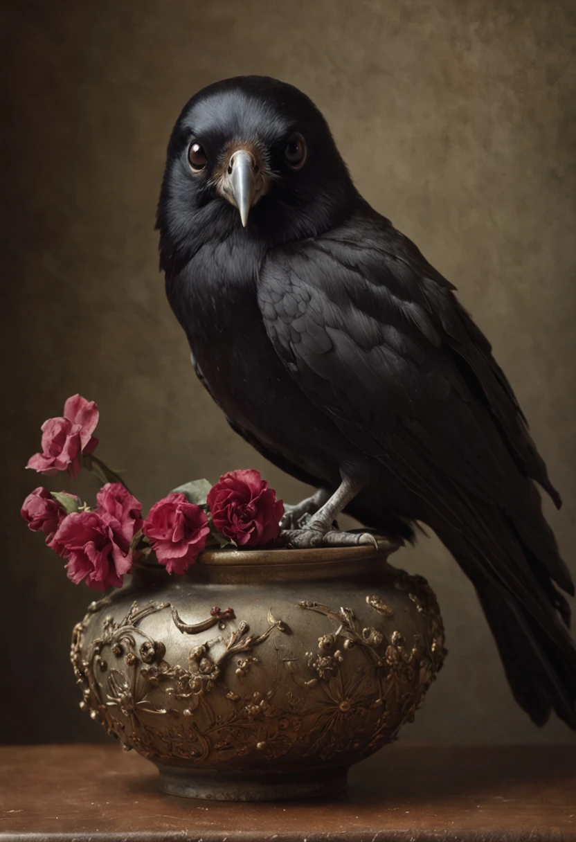 Painting of a black bird sitting in a vase with flowers and a skull, crows as a symbol of death, arte escura altamente detalhada, detailed 3d gothic oil painting, gothic art, arte negra barroca, esao andrews : : ornado, gothic art style, Gothic painting, Arte Estilo Tom Bagshaw, gothic aesthetic, arte macabra, Directed by: Galen Dara