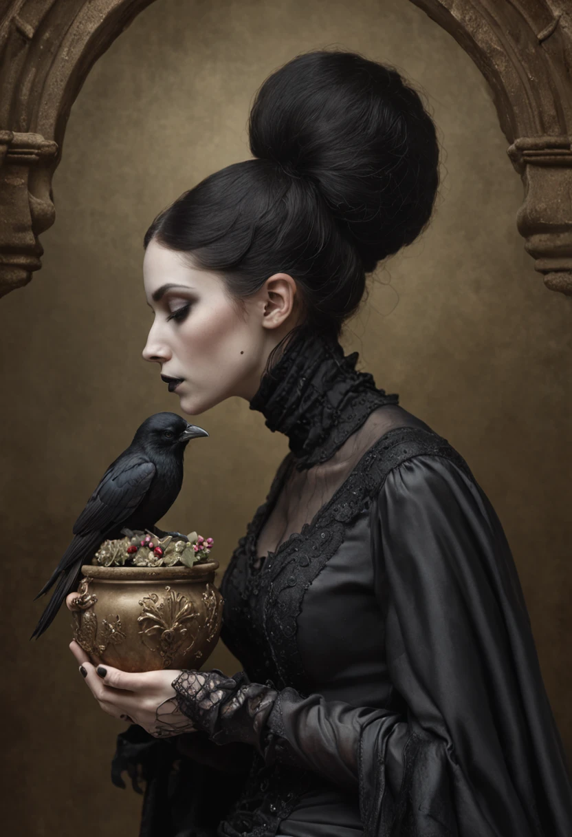 Painting of a black bird sitting in a vase with flowers and a skull, crows as a symbol of death, arte escura altamente detalhada, detailed 3d gothic oil painting, gothic art, arte negra barroca, esao andrews : : ornado, gothic art style, Gothic painting, Arte Estilo Tom Bagshaw, gothic aesthetic, arte macabra, Directed by: Galen Dara