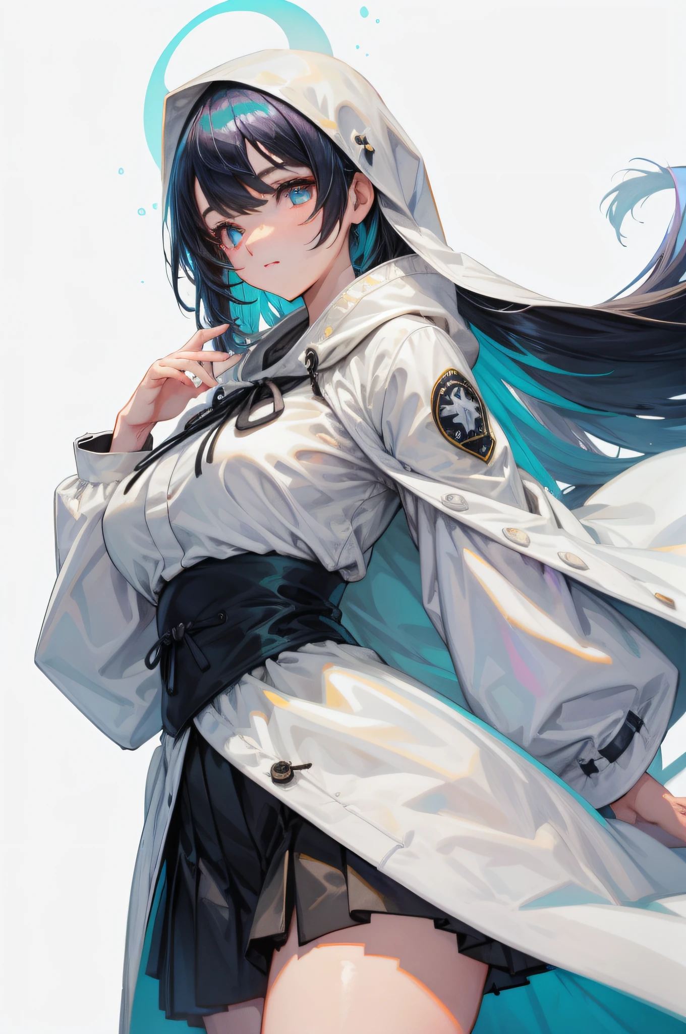 1girl, solo, one-girl, chiquita, pix, streaked hair, eyeball, aqua eyes, black hair, Gray eye, black long skirt, Ghost Girl, white wind coat, The lower body is translucent(white background, simple background:1.4), wlsdnjs950, (thick lines:1.2), sad, light smile, European culture, White hood, Handsome, Large breasts, Beautiful body curves, drop shadow, anime style, cowboy shot, tachi-e, drop shadow, depth of field, negative space, UHD, masterpiece, ccurate, high details, high quality, best quality, highres
