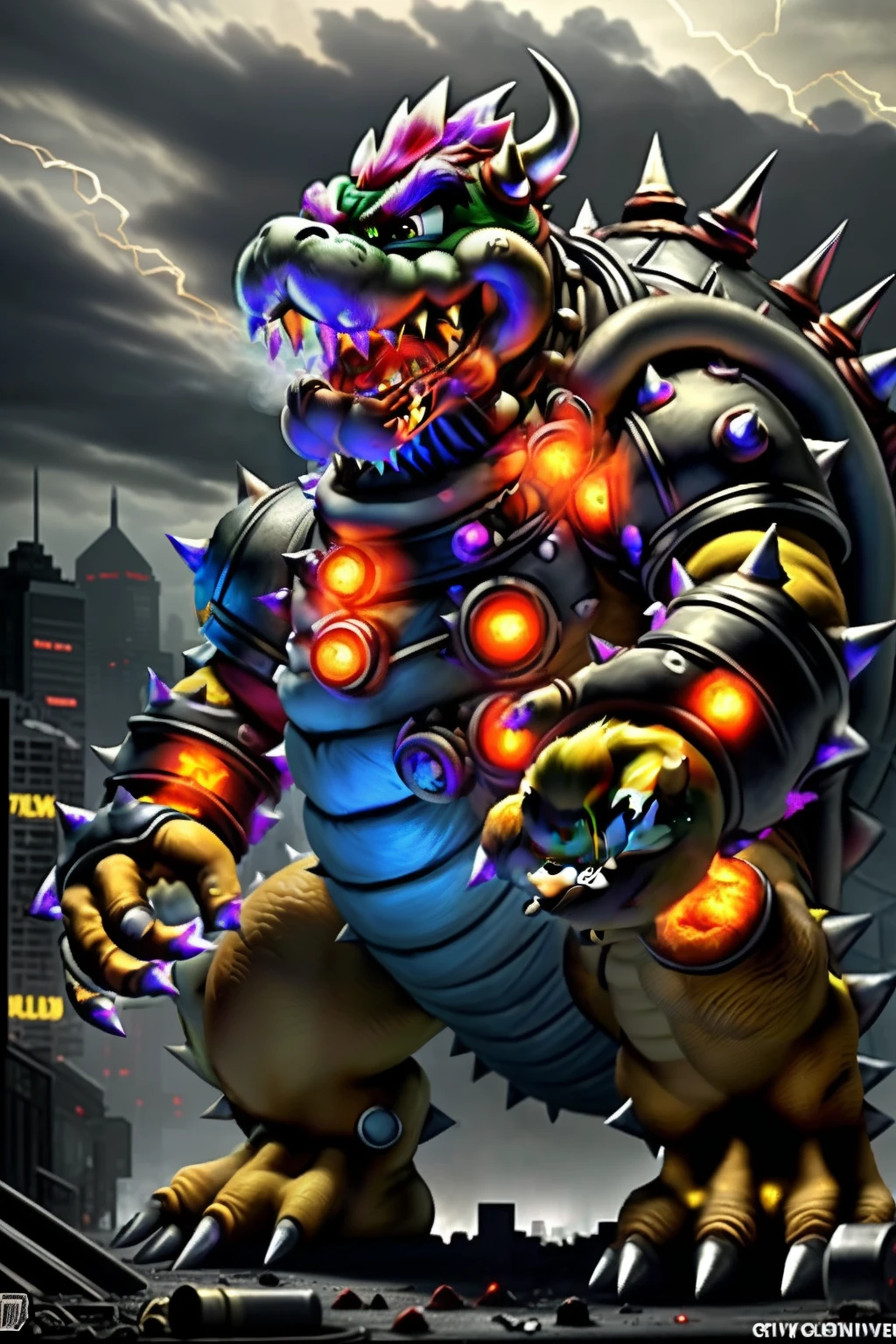 (Stable Diffusion) output: "Mecha Bowser, a towering masterpiece of best quality, ultra-detailed CG unity 8k wallpaper. A fearsome mechanical marvel, with gleaming metallic scales, fiery eyes, and sharp, menacing teeth. Its powerful limbs and massive claws can crush mountains, while billowing smoke and sparks surround its intimidating presence. The backdrop is a post-apocalyptic cityscape, with crumbling buildings and flickering neon lights. The air is filled with smoke and ash, adding to the dystopian atmosphere. The sky is dark and ominous, with bolts of lightning illuminating the scene. The overall color scheme is desaturated, emphasizing the contrast between the cold, metallic Mecha Bowser and the bleak surroundings.+"
