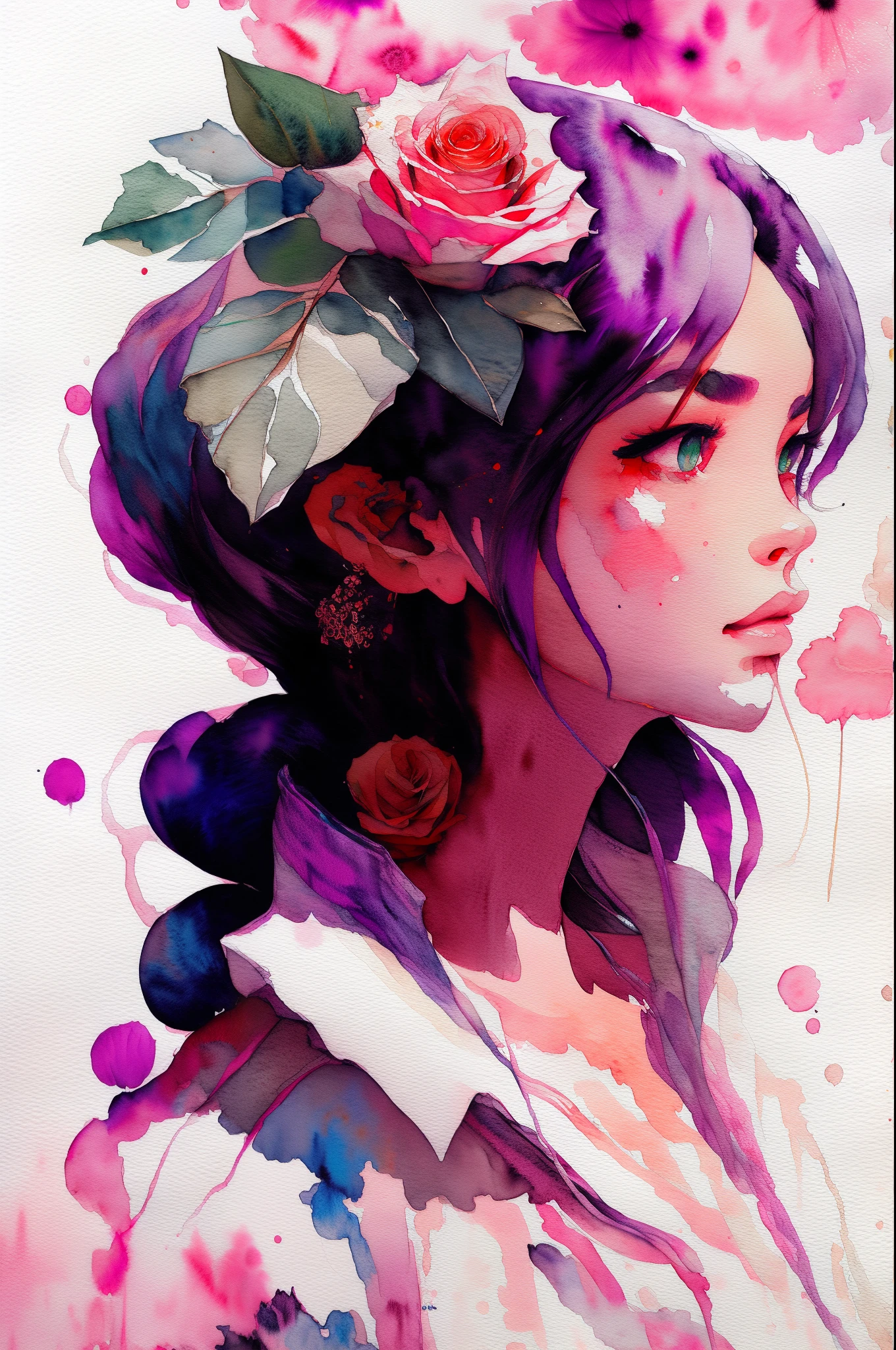wtrcolor style, (rose) digital art, official art, blown by the wind, masterpiece, beautiful, ((watercolor)), paint splatter, intricate detail. Great detail, [dripping:0.7], Trending on Artstation, Rachel Walker