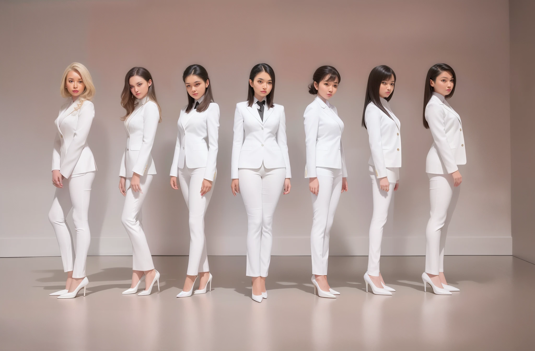 A woman in a white suit and high heels poses for a photo of Alates, wearing white clothes, 3 d white shiny thick, a-pose, wearing white clothes, standing elegant pose, female human body whole body, rendering of beauty pageant, 3 D rendering character art 8 K, smooth white tight clothes suit, Full body portrait of a set, White clothes, full body shot of