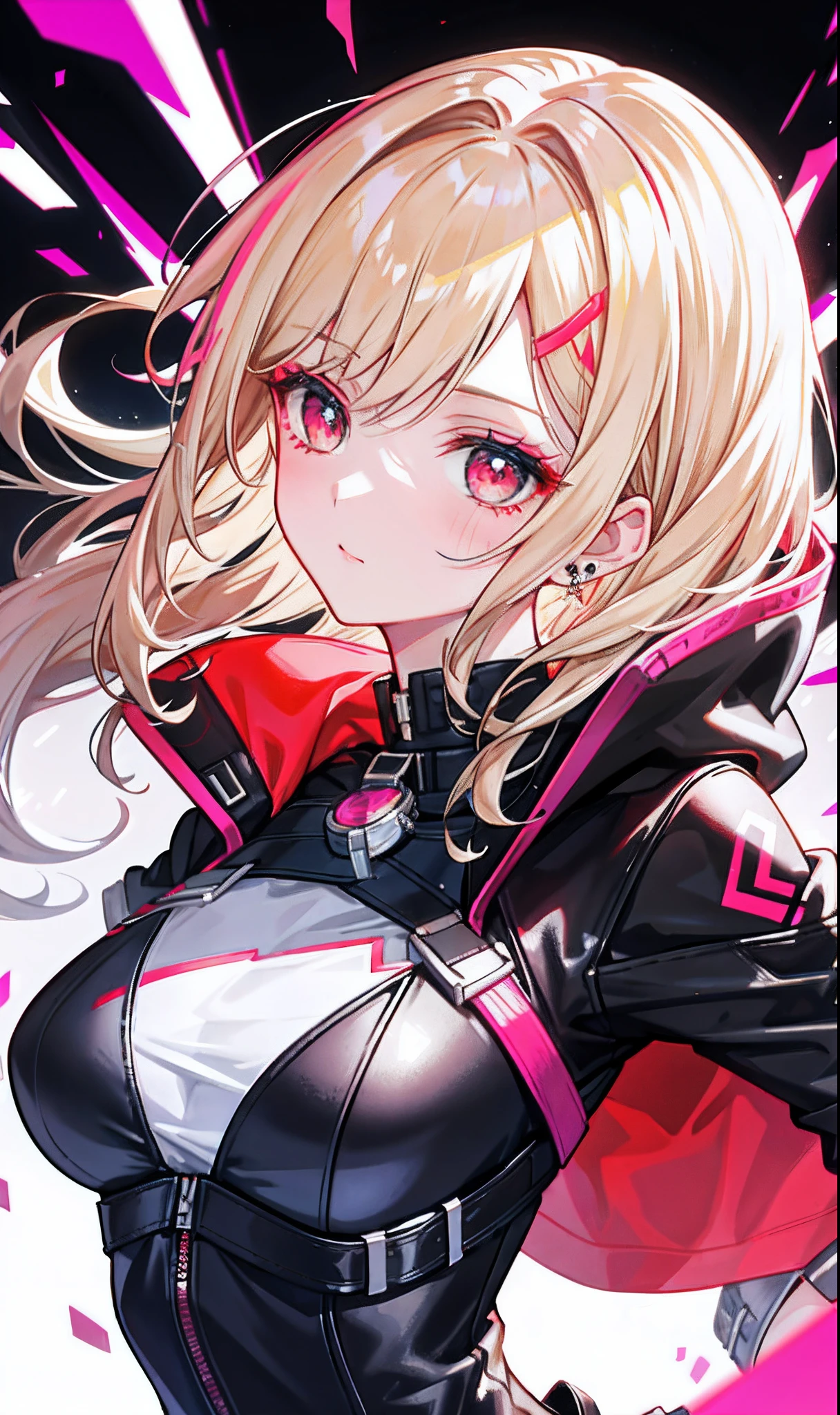 （tmasterpiece，Sideslit，Beautiful eyes：1.2），（tmasterpiece*sportrait），sportrait，busts，（busts），Lifelike，Anatomical correct，3D脸，luscious skin，（Solo），Blonde hair and pickaxe dyeing，Gradient hair，（closeup of face），Lovely face，（Fire opal-like scarlet eyes），Hanging eye corners，（（highdetailskin，Visible pores）），（Perfect body），Beautiful cyberpunk girl，little breast，（（Women's super short shawl leather jacket）），（（school_uniform）），（ear studs），（Neck strap），very short gloves，（chain），（Laser material clothing：1.2）
