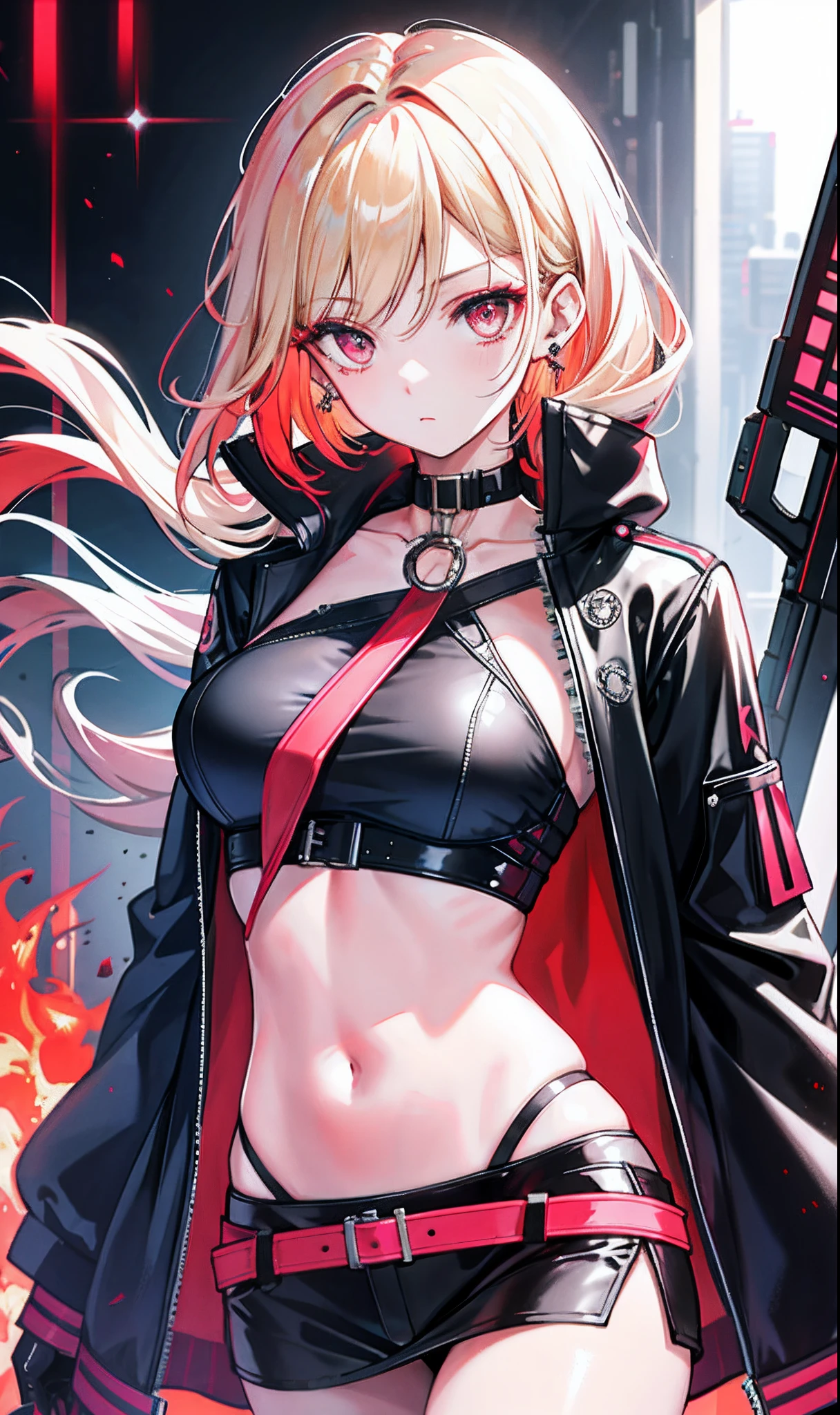 （tmasterpiece，Sideslit，Beautiful eyes：1.2），（tmasterpiece*sportrait），sportrait，busts，（busts），Lifelike，Anatomical correct，3D脸，luscious skin，（Solo），Blonde hair and pickaxe dyeing，Gradient hair，（closeup of face），Lovely face，（Fire opal-like scarlet eyes），Hanging eye corners，（（highdetailskin，Visible pores）），（Perfect body），Beautiful cyberpunk girl，little breast，（（Women's super short shawl leather jacket）），（（school_uniform）），（ear studs），（Neck strap），very short gloves，（chain），（Laser material clothing：1.2）