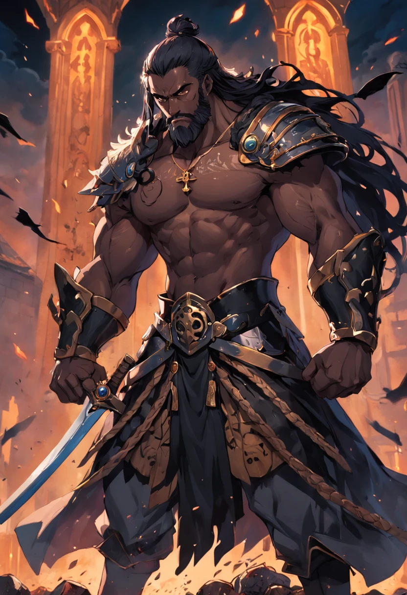 Obra prima, melhor qualidade, warrior, medieval, cabelos longos, cabelos negros, barbudo, rosto de furia, musculos, cena de corpo inteiro, pose de batalha