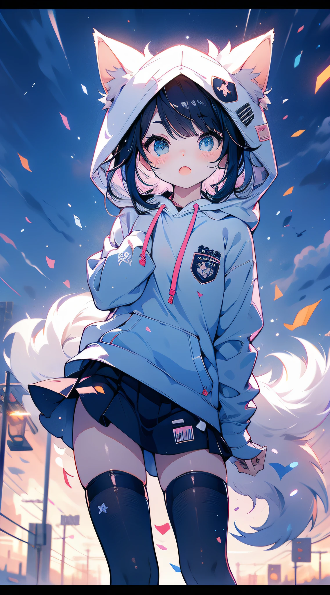 catgirl, 1gir, cat ears, cute, masterpiece, best quality, perfect face, hoodie, hood, cold, snow, outside, snow flokes, particles, 4k, wallpaper