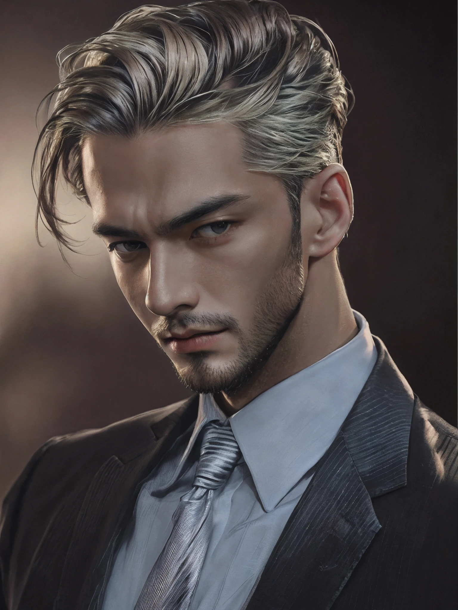 best qualtiy,tmasterpiece,超高分辨率,sportrait,(真实感:1.4),RAW photogr,Handsome man,Top Knot,dressed in a suit,sbeard,detailed face texture