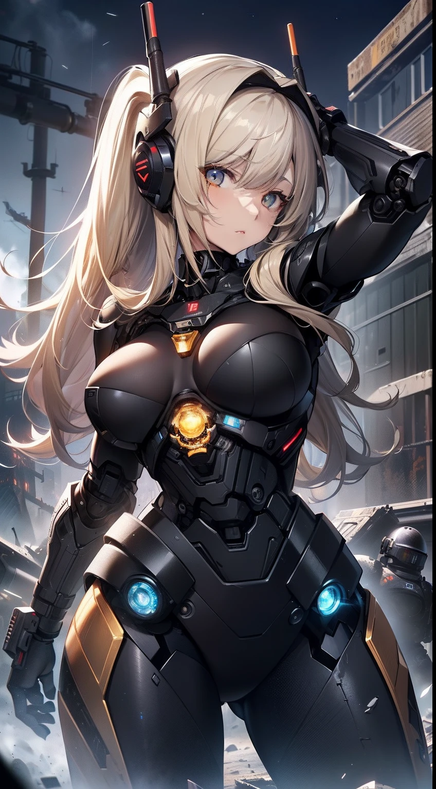 top-quality、Top image quality、masterpiece、Mecha Girl((18year old、Black and gray mechanical parts、Robotic arm,Black tights,Best Bust、Bust 100、a blond、poneyTail、Breasts wide open,Large valleys、、Goldeye、Dye cheeks、Strong eye power、Looking down on the viewer、Black head、Armament preparation))hiquality、visualart、Background with((World of the Apocalypse、Black sky、))、Depth((Mass Android))