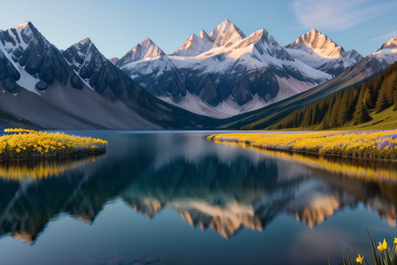 snow peaks of a mountain in the twilight, the reflection of the peaks can be seen in the water of a lake at the foot of the mountain. green meadows stretching at the foot of the mountain. bunches of yellow or pink flowers dotted on the meadow