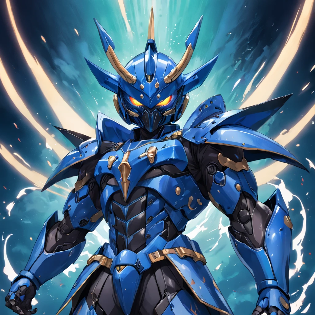 Kamen Hero,Helmet in the shape of locust elements,Closed face shield,blue colors,Marine elements,Armed with a gun,the Chinese character "Eau" in the middle of Kamen Rider's Belt,Yugioh artwork, top-quality, tmasterpiece, A high resolution