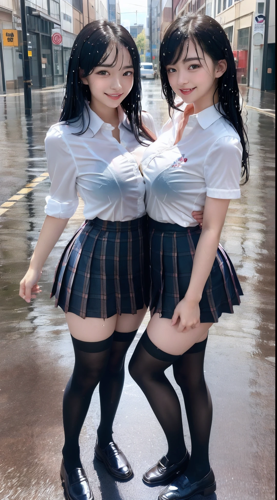 A girl in a white shirt and tights skirt in the rain blushing with her friend without clothes 