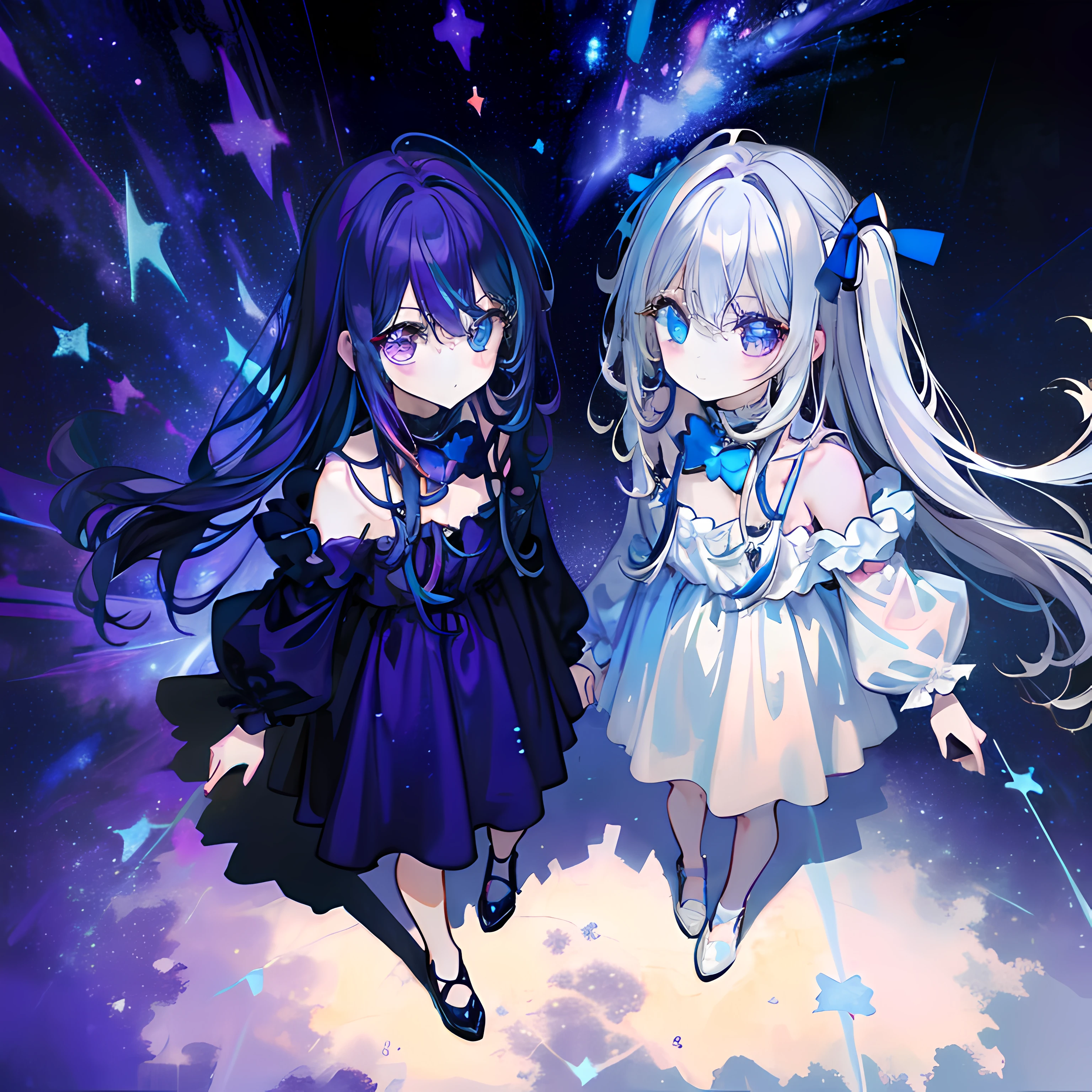 masterpiece,(best quality),(twin girls), (high contrast:1.2), (high saturation:1.2), ((black and white sdress)), looking at viewer,((purple and blue theme:1.3)),((purple and blue background:1.5)),white hair,blue eyes,((walking:1.3)),full body, sexy pose, black footwear,((the blue water on ground reflecting the starry sky and nebula and galaxy)),((from above:1.2)), (colorful:1.5), (colorful hair:1.5), Heterochromia