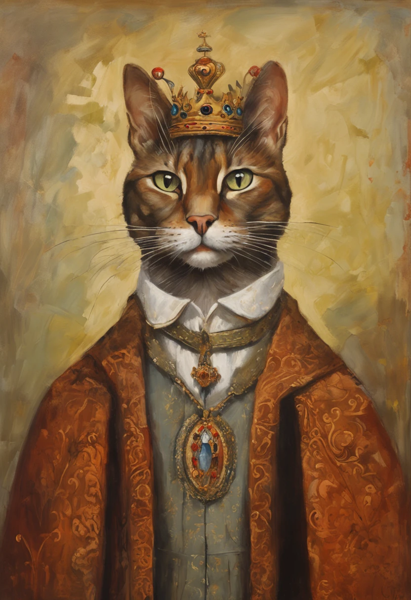 Gato de araffe vestindo uma coroa e um manto de rei, gato com roupas nobres, Retrato real, retrato de um velho rei medieval, retrato do velho rei medieval, retrato de um rei, gato elegante, Velho Rei Medieval, anthropomorphic cat, anthropomorphic cat, raw style, cinemactic