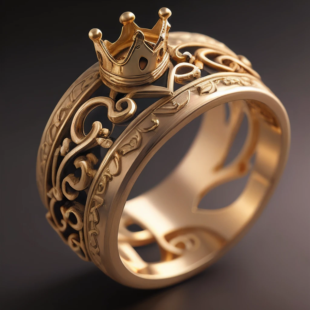 (CG),(masterpiece), (best quality), (ultra-detailed), no humans, simple background, black background, grey background, depth of field, gradient background, (ring), gold, intricate detail, (two hearts intertwined with a crown),