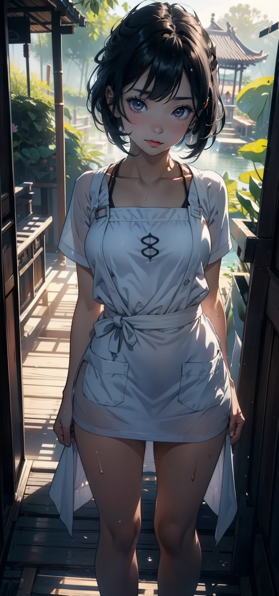 1female,age 5,Small ,Low chest exposure, 独奏,(Background with:bamboo forrest,lotuses,lotus flower,exteriors,Lotus pond) She has short black hair,standing on your feet,Sweat profusely,drenched all over the body,seen from the front, hair straight, mostly cloudy sky,(((tmasterpiece),(Very detailed CG unity 8K wallpaper),best qualtiy,cinmatic lighting,detailed back ground,beatiful detailed eyes,Bright pupils,Black eyes,(Very fine and beautiful),(Beautiful and detailed eye description),ultra - detailed,tmasterpiece,)),facing at camera,A high resolution,ultra - detailed),revealing breasts,Bare genitalia, Bulge,legs are open,Raised sexy,Camel toes,Flushed complexion,Open-mouthed,frontage,elementary student(Wearing:Transparent apron)