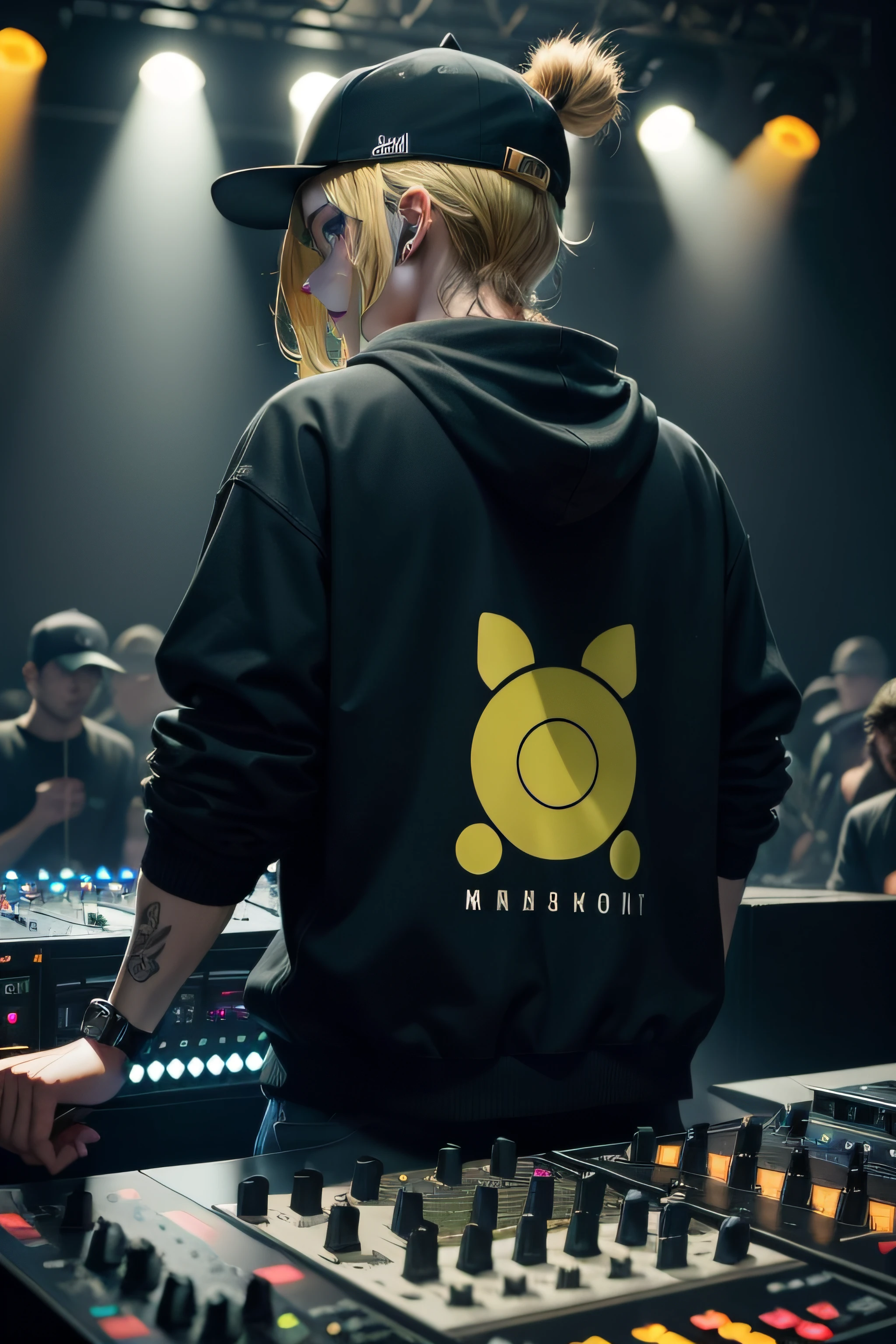 in the foreground a DJ with his back on the stage with a cat's head and a king's crown, wearing a black sweatshirt with a cap, jeans, one hand mixing the music, in the background mixing table and the other upwards animating the concert, DJ FROM BACK, backstage, third plan a crowded concert, cyber punk style ballad with green and yellow led lights, camera blur
