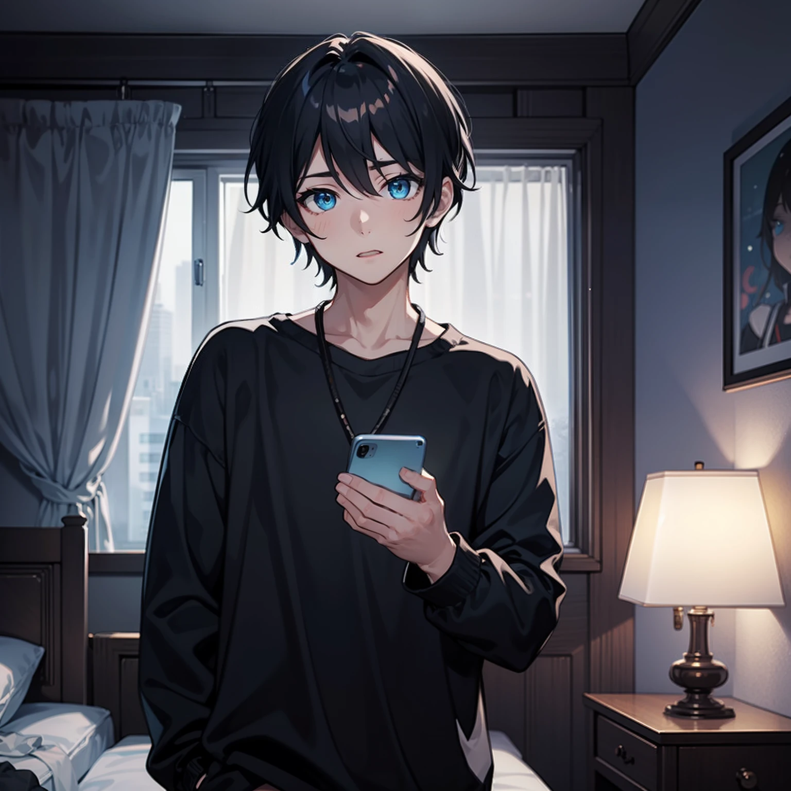 One boy looked surprised，black color hair，blue color eyes，Looking at your phone in your bedroom at night，Illustration anime style，Dark 4K, hyper HD, Masterpiece