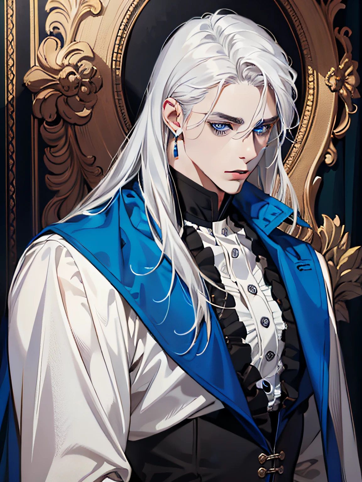 (masterpiece, best quality:1.2), (absurd res, high res, ultra detailed), 1 male, adult, handsome, tall muscular guy, broad shoulders, shiny white hair, finely detailed eyes, portrait, looking at viewer, solo, half shot, detailed background, detailed face, (gothic), high fantasy, look at camera, sliver long hair, perfect detailed face, perfect detailed hands, king, opal blue eyes, depicting delicate facial features, white uniform, blue cape, small earrings, black pants