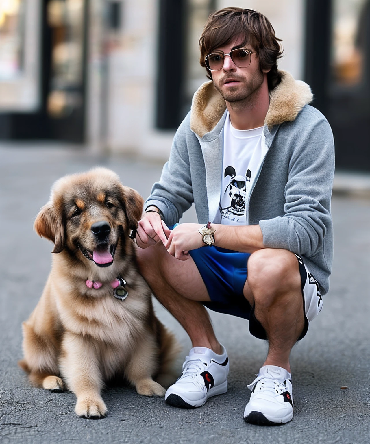 solo person,shaggy male,Furry,Dogs,Shiba dog,Beige tunic,grey shorts,white legwear,Blue sneakers,Golden pupils ,White fur,Furry tail