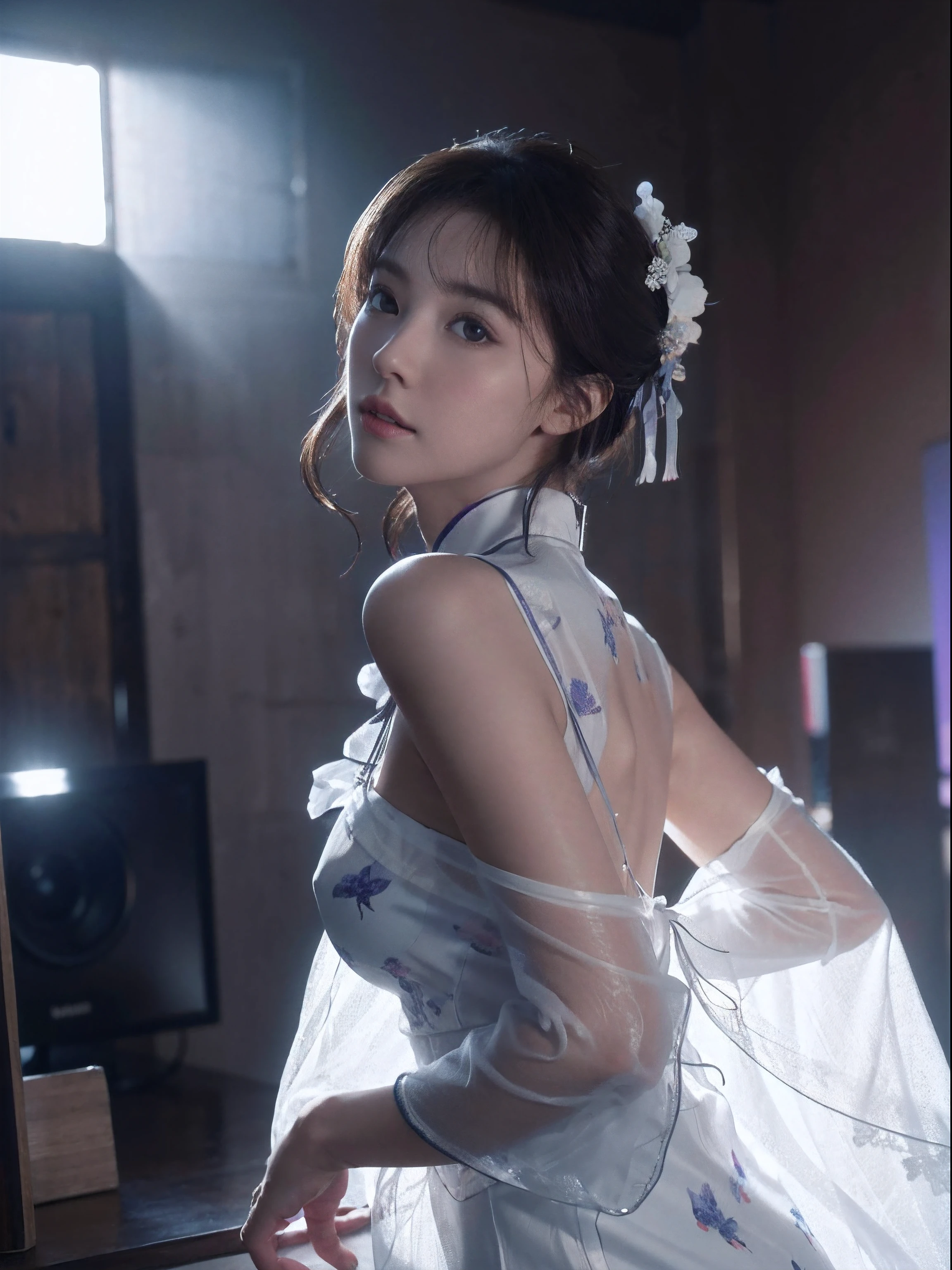 primitive,tmasterpiece,ultra fine photos,best qualtiy,超高分辨率,Photoreality,rays of sunshine,full-body portraits,stunningly beautiful,,dynamicposes,delicated face,Vibrant eyes,(seen from the side),Delicate purple cheongsam,Hong Kong wind cheongsam,cropped shoulders,Delicate head flower,full bodyesbian(1.3),very highly detailed background,detailed face with,Detailed and complex busy background,Untidy,opulent,Highly detailed skin,Realistic details of skin,Visible Pore,tack sharp focus,volume fog,8K UHD,digital SLR camera,high qulity,filmgrain,White skin of the,photo-realism,DL,Huge metropolis in a dystopia of the future , look from down, semi transparent
