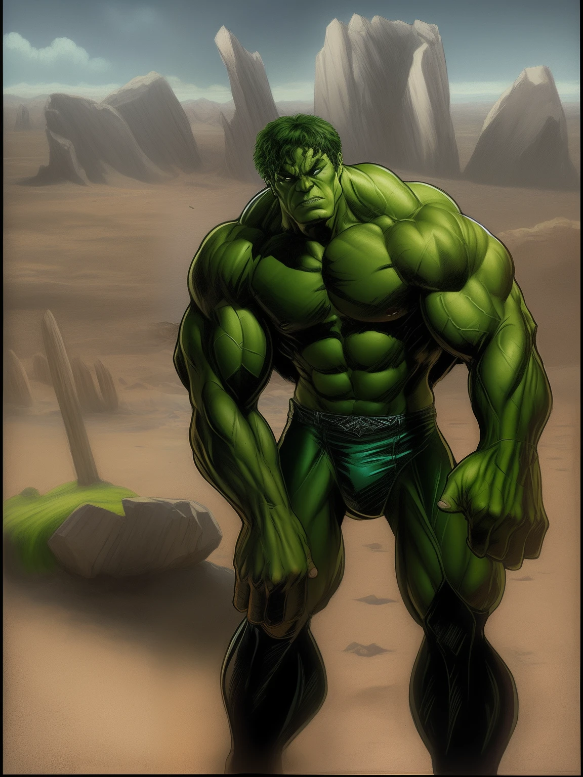 masterpiece, high quality images, high detailed face, perfect face, A realistic drawing of a green man with a large muscular body standing in a desert, inspirado por gary frank, hulk like physique, desenho realista de quadrinhos, muscular character, Desenho realista de quadrinhos da Marvel, inspirado em Wally Wood, inspirado em John Romita Jr, Retrato realista do Hulk, musculoso!!Hulk no deserto de Nevada com um cacto e montanhas ao fundo,  scientific fiction, inspirado em Joe Jusko, Fantastic Art, 8k