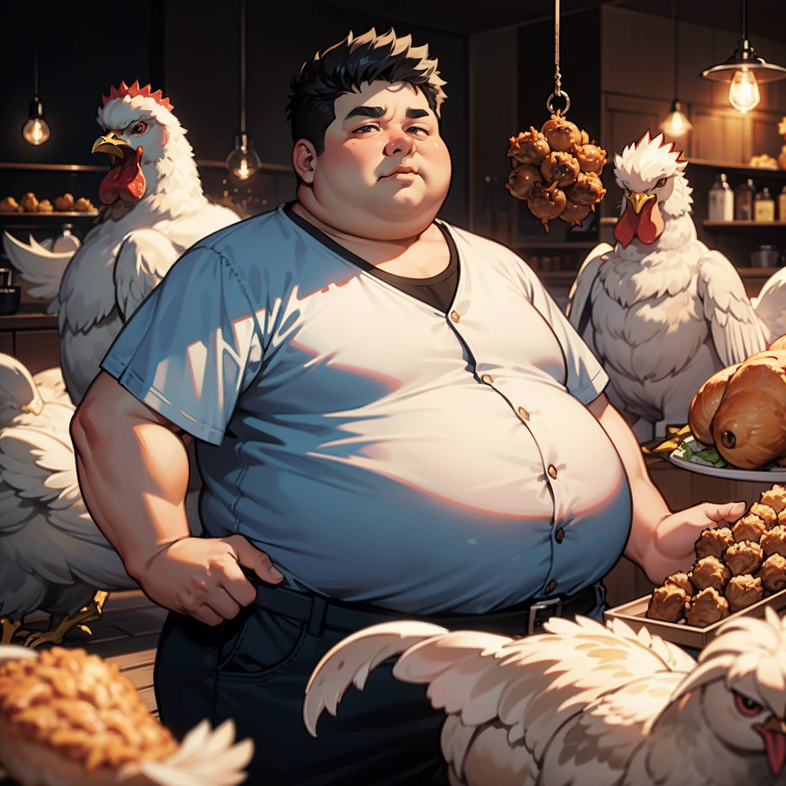 An obese man，Black color hair，Foodies with chicken feet，Lots of chicken feet，Lots of chickens next to it ,Illustration anime style，Dark 4K, hyper HD, tmasterpiece