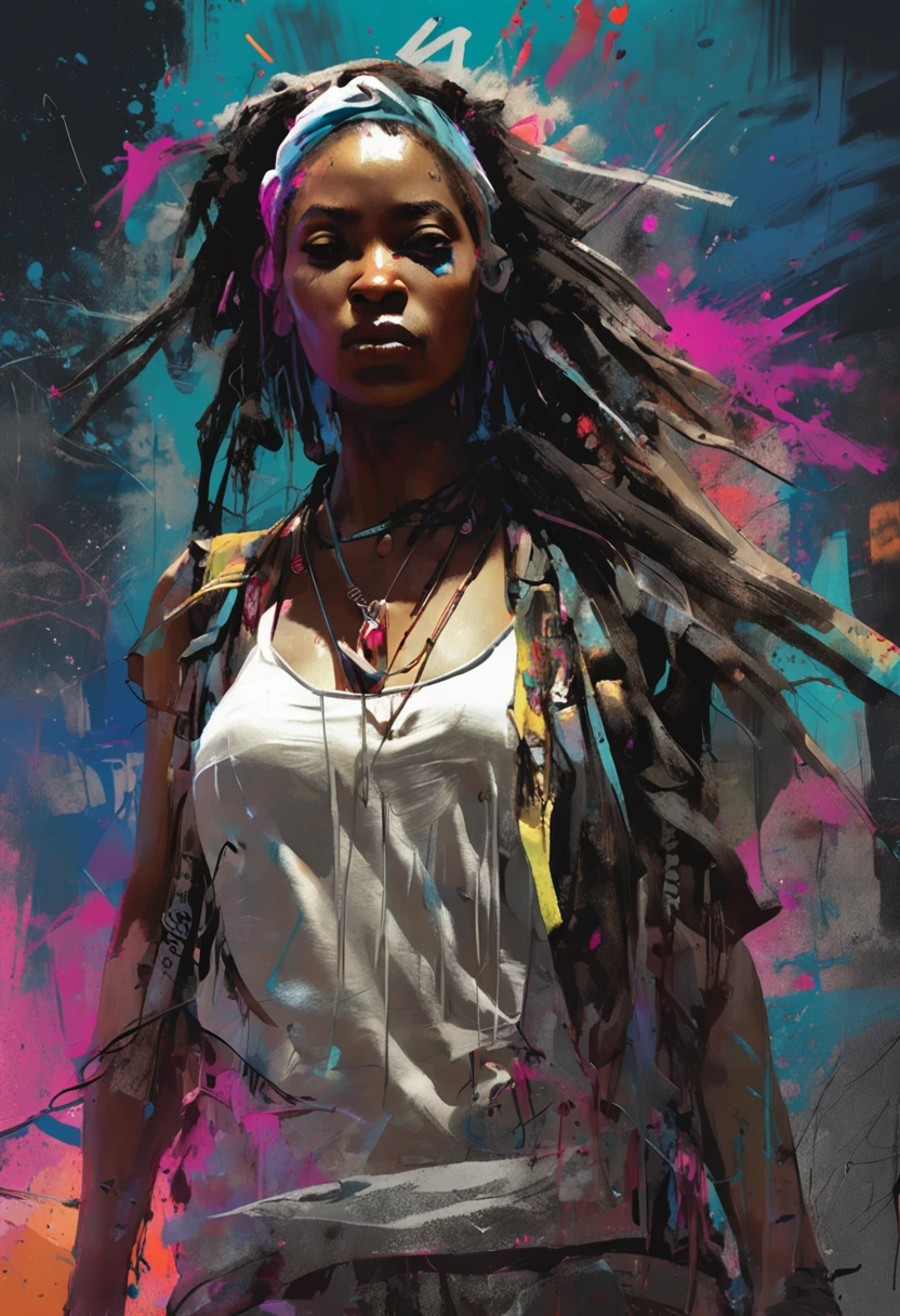 16k diverse graffiti art, Manga, Dynamic, black woman, ebony, dreadlocks, Moonlight, Highly detailed, Digital painting, art stations, concept-art, smooth, Sharp focus, illustration, paint splatter, Art by Carne Griffiths and Wadim Kashin