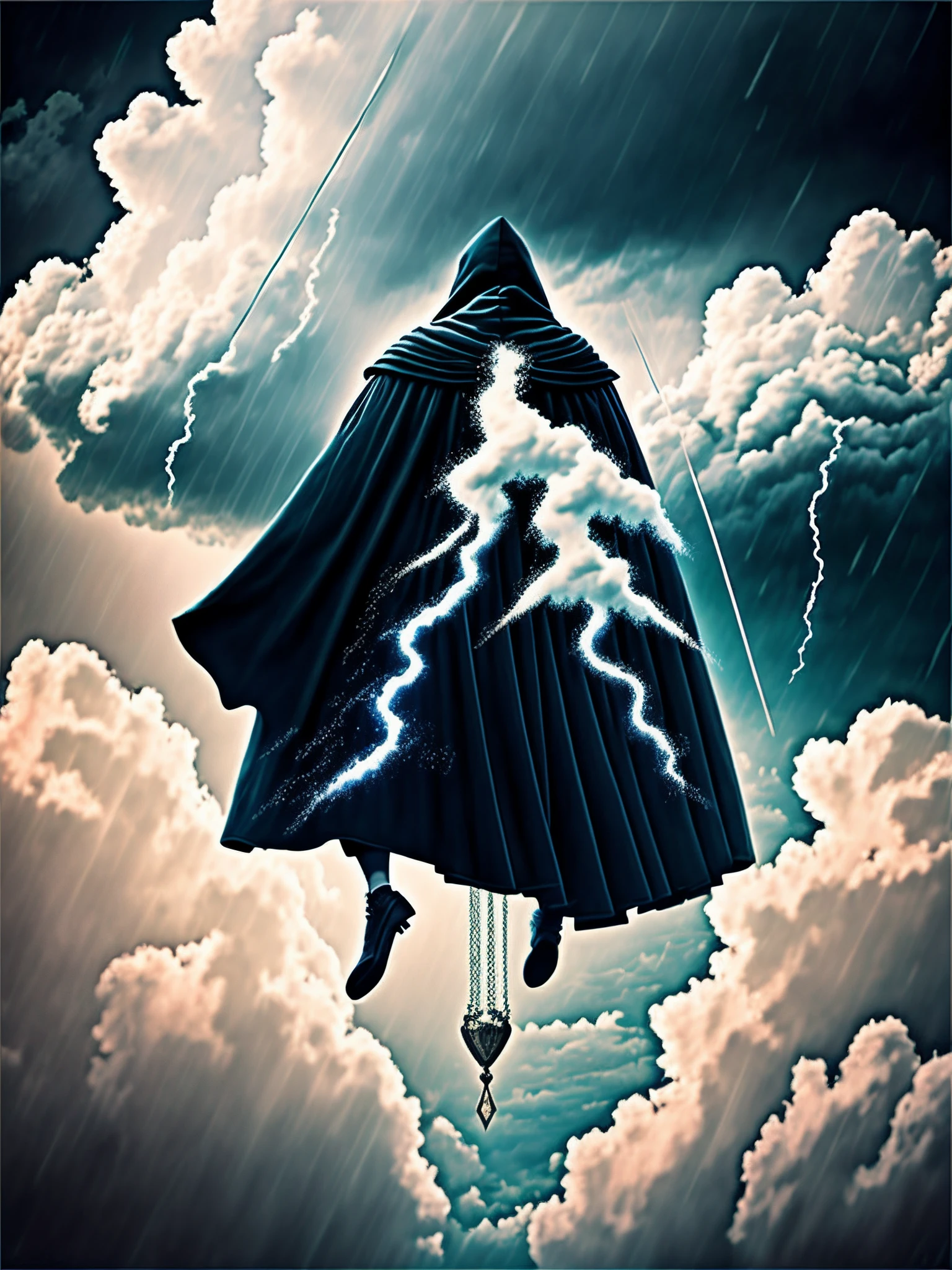 Thunder and lightning in fantasy colors,dark stormy clouds,The back of the black cloak,Suspended in the air