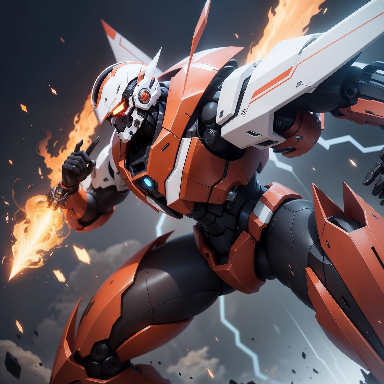 Create an anime-style mecha illustration with a different color scheme. O mecha deve ter uma cor predominantemente vermelha com detalhes em dourado. The design should exude a sense of agility and lightness, emphasizing elegant lines and a dynamic posture.
Incorpore uma cauda no design da mecha, dando-lhe um elemento de singularidade. A cauda deve ser integrada suavemente na estrutura geral do mecha.
For the head, design a helmet that resembles the appearance of prey, adding a touch of fierce elegance. O capacete "Presas" It should have a distinct presence while blending seamlessly with the rest of the design.
On each arm, Add a powerful drill accessory, with a drill on each arm. As brocas devem ser intrinsecamente projetadas, exuding a sense of mechanical precision and power.
Inclua a habilidade do mecha de empunhar uma espada e um escudo. The sword must have an energy blade that matches the red color scheme, while the shield should have an elegant and functional appearance.
Pay attention to the overall composition and pose of the wick, emphasizing their agility and combat readiness. Incorpore detalhes finos e destaques para destacar o design.
Feel free to explore creative variations and details that align with the concept you have in mind, ensuring that the mecha maintains a balanced and visually appealing aesthetic