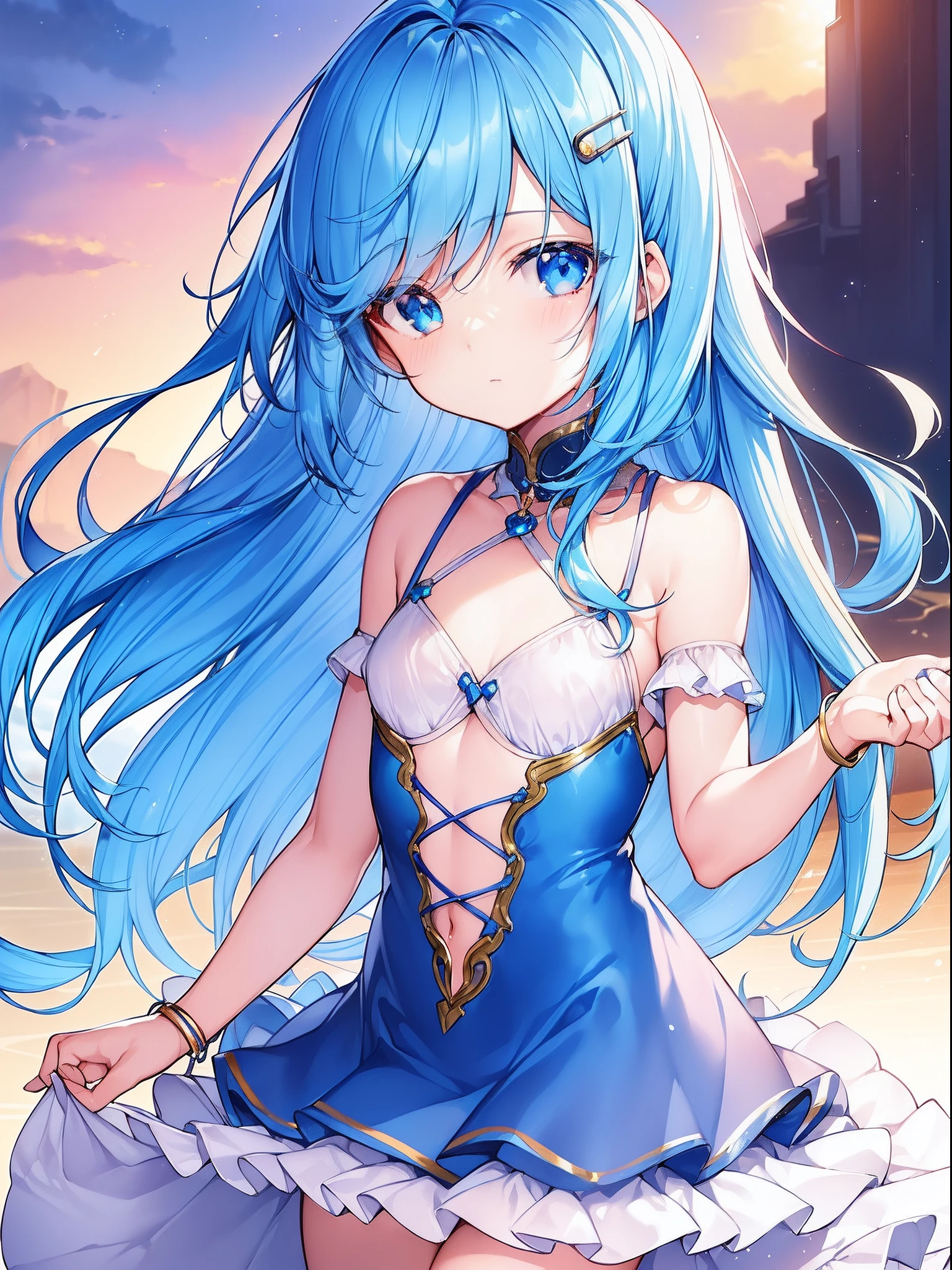 (((top-quality, ultra res, 8K, Ultra-detailed digital anime art))), 独奏, One girl, Very cute, Moe Anime Style, (Little Girl:1.5), Lori, Clear face depiction, (saturated blue hair:1.2), (Straight long hair:1.2), (Long straight sideburns:1.1), (Parted bangs:1.3), (Simple yellow hair clip:1.3), (large blue eyes:1.2), Clear eyes, (A little sagging eyes:1.3), (slightly flat chest:1.2), cleavage of the breast,is standing,