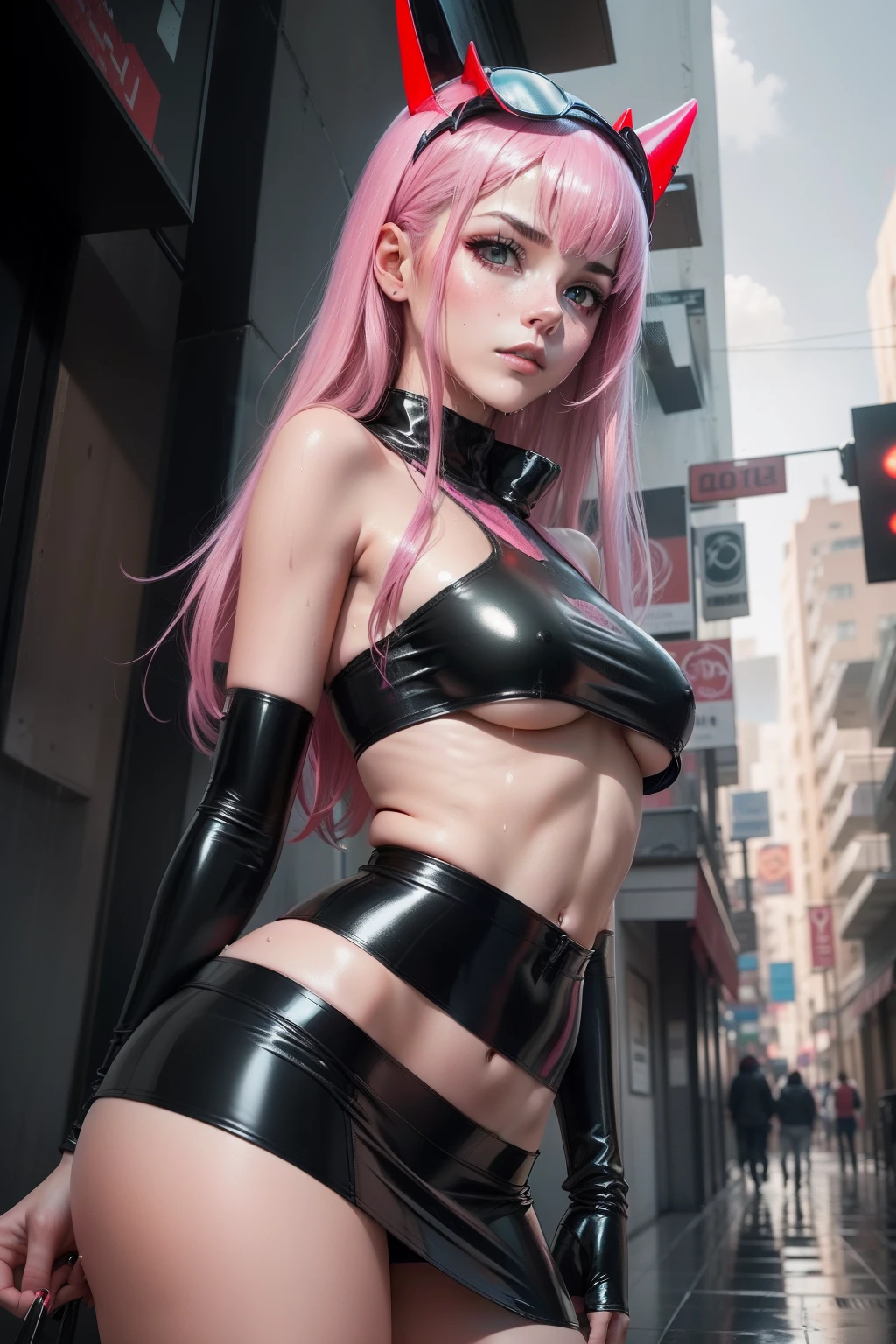 Zero Two Darling en el Franxx, 1 girl, Underboob, Small black semi-transparent lid, pechos grandes, rosa erigido , mordeduras en el labio inferior, Pose de conejito, pose sexy, Vista desde abajo, (((Black latex miniskirt ))) , media, cuerpo perfecto, La vemos delgada y apretada, Wet, cabello rosado, she's on a street Daylight Cyberpunk City, 8k, piel real, realystic, HDR, Ultra Resolution, fugas de luz