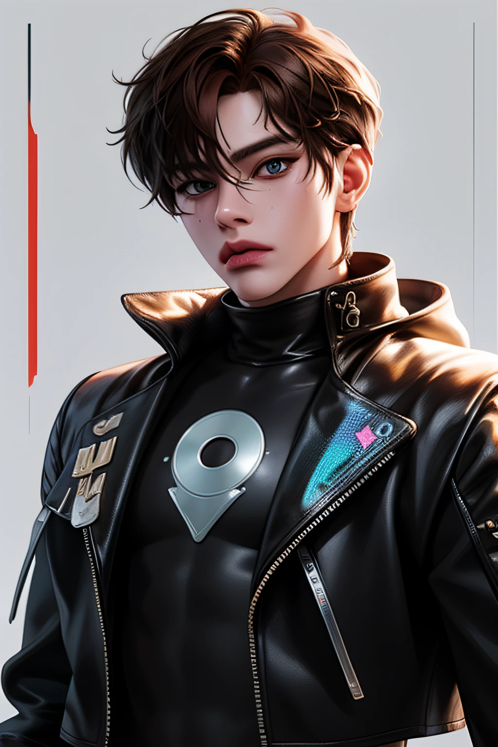 Male idol ((gamer)), medium length brown hair, wearing a cyberpunk style tattered cropped jacket, leather holographic pants, blue eyes, 1boy, game controller, digital illustration, approaching perfection, dynamic, highly detailed textures, 8k resolution, watercolor painting, artstation, concept art, smooth, sharp focus, art by wlop and ross tran, neon sign background, white and gold tetradic colors