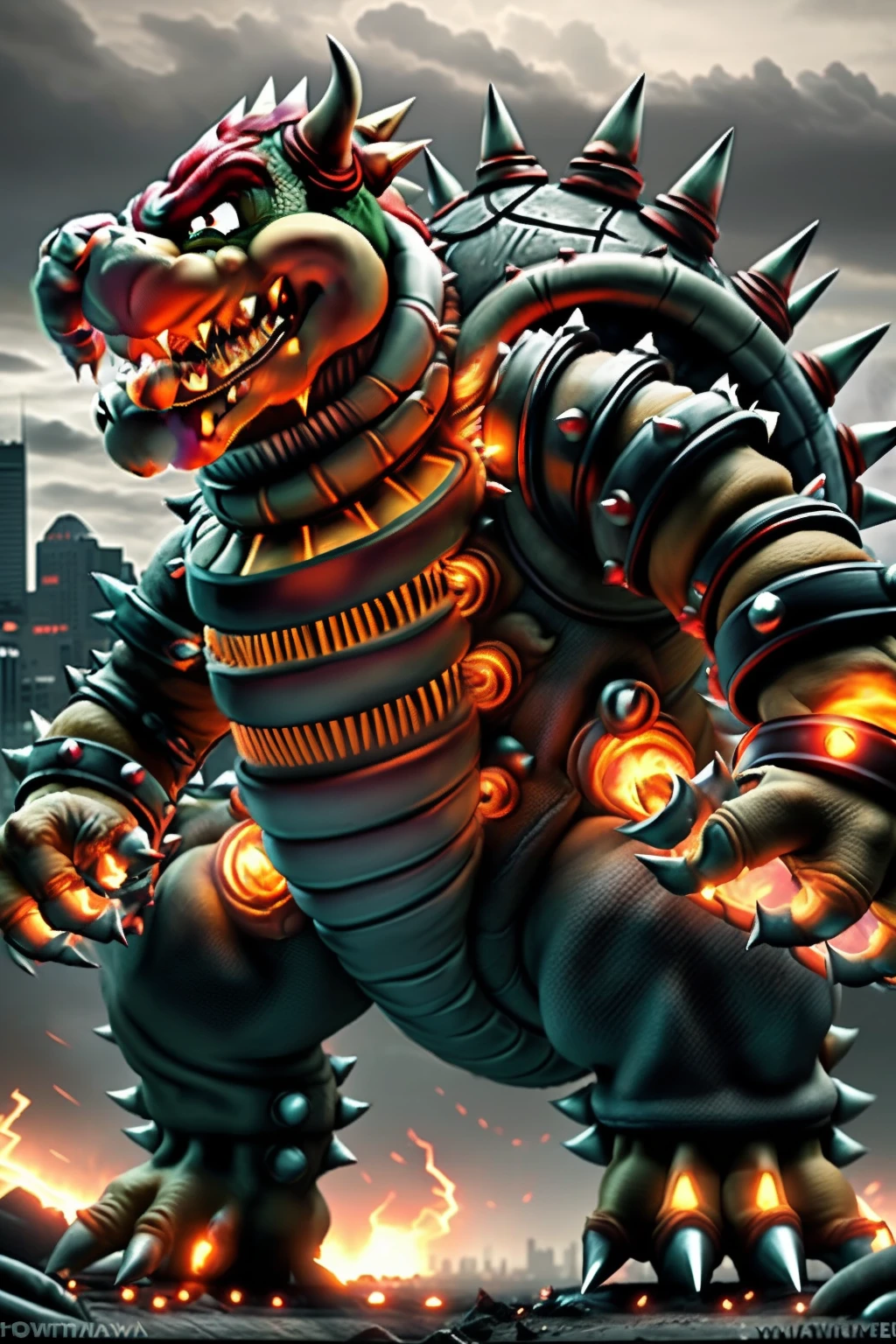 (Stable Diffusion) output: "Mecha Bowser, a towering masterpiece of best quality, ultra-detailed CG unity 8k wallpaper. A fearsome mechanical marvel, with gleaming metallic scales, fiery eyes, and sharp, menacing teeth. Its powerful limbs and massive claws can crush mountains, while billowing smoke and sparks surround its intimidating presence. The backdrop is a post-apocalyptic cityscape, with crumbling buildings and flickering neon lights. The air is filled with smoke and ash, adding to the dystopian atmosphere. The sky is dark and ominous, with bolts of lightning illuminating the scene. The overall color scheme is desaturated, emphasizing the contrast between the cold, metallic Mecha Bowser and the bleak surroundings.+"