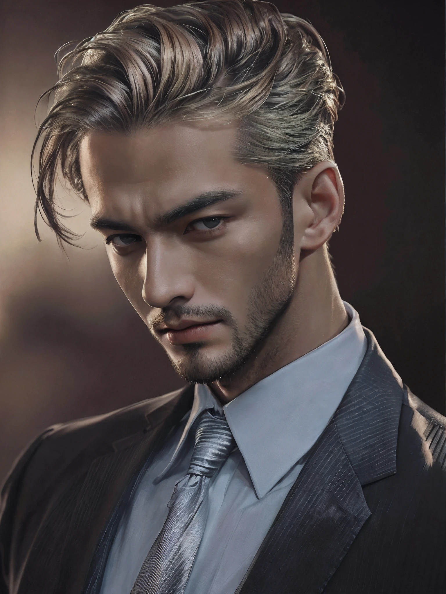 best qualtiy，tmasterpiece，超高分辨率，sportrait，（真实感：1.4），RAW photogr，Handsome man，Top knot，dressed in a suit，detailed face texture