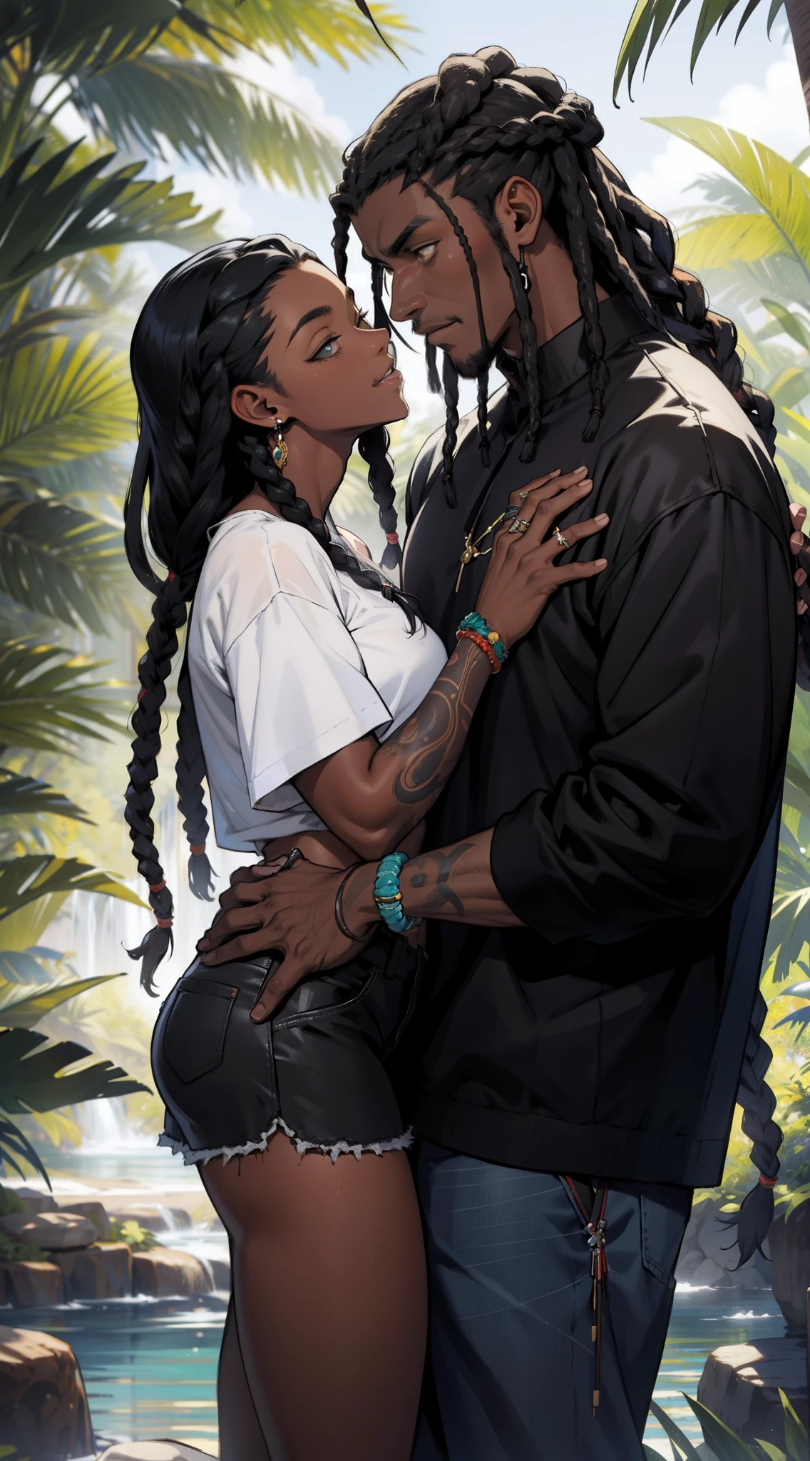 ((1boy, 1girl,))) ((((( verydarkskin couple))))), ((detailed African-American features)),
, (very darkskin man, tall, rugged square face, long dreads, almond-shaped chocolate eyes, bulky, muscular triangle physique, strong pectoral, strong legs, toned torso), And (darkskin woman, short, voluptuous, curvy, strong, sensuously cool, braided black hair, soft heart-shaped face, concaved nubian button nose, heart-shaped physique, heart hips, glasses, heterochromia wine and brown eyes), **
((amazing skin, perfect hands, perfect, perfect eyes, enamored couple, flirty couple, passionate sensuality)), ((detailed cherry blossom onsen background)), (((wet couple, translucent towels. waist deep in water, full body, couple focused, face to face))),
sensual lighting, brilliant shading, sensual shadowing, sensuous atmosphere, intricate fabric details, (4k, ray tracing, masterpiece, detailed smooth textures, sharp gradients, deep highlights, best quality, amazing quality, very aesthetic, absurdres, highly-detailed, 2.5d ,cel-shaded),AddXL,((Anime illustration)) ((Incarnate detail)) ((Masterpiece)) ((Highest quality)),black people,