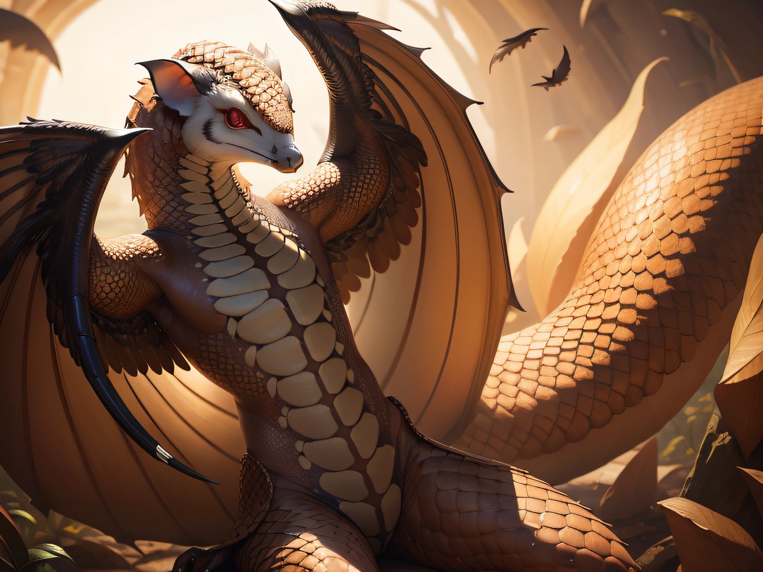 Humanoid dragon without clothes lying on a bed