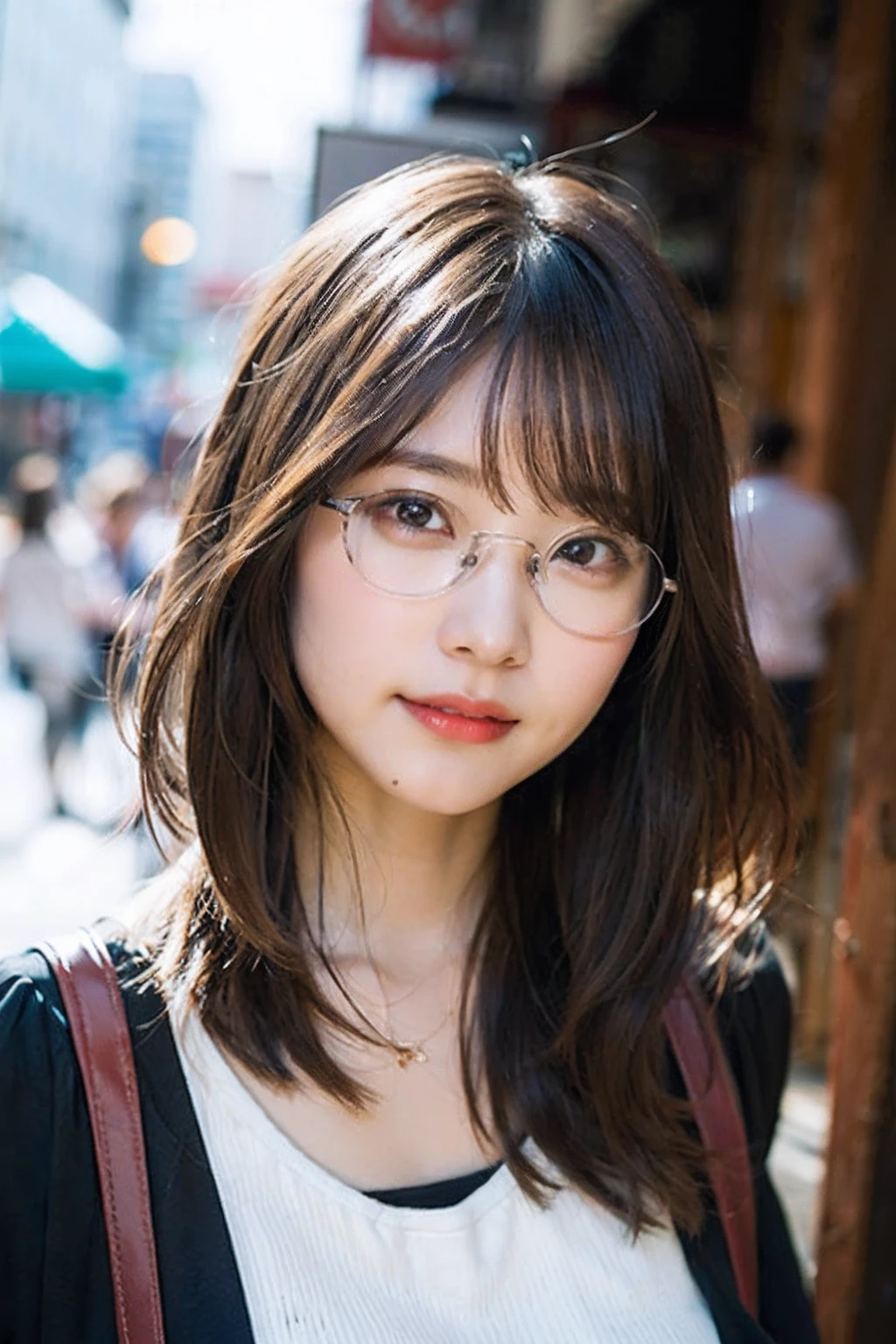 (8K、Raw photography、top-quality、​masterpiece:1.2)、(realisitic、Photorealsitic:1.37)、ultra-detailliert、超A high resolution、1人、see the beholder、beautifull detailed face、A smile、Constriction、(Slim waist) :1.3)、White summer clothes、Beautiful detailed skin、Skin Texture、Floating hair、Professional Lighting、In the rainy city、Hair, clothes or skin are wet from rain、Black-rimmed square glasses  、Whole human body、Brown hair
