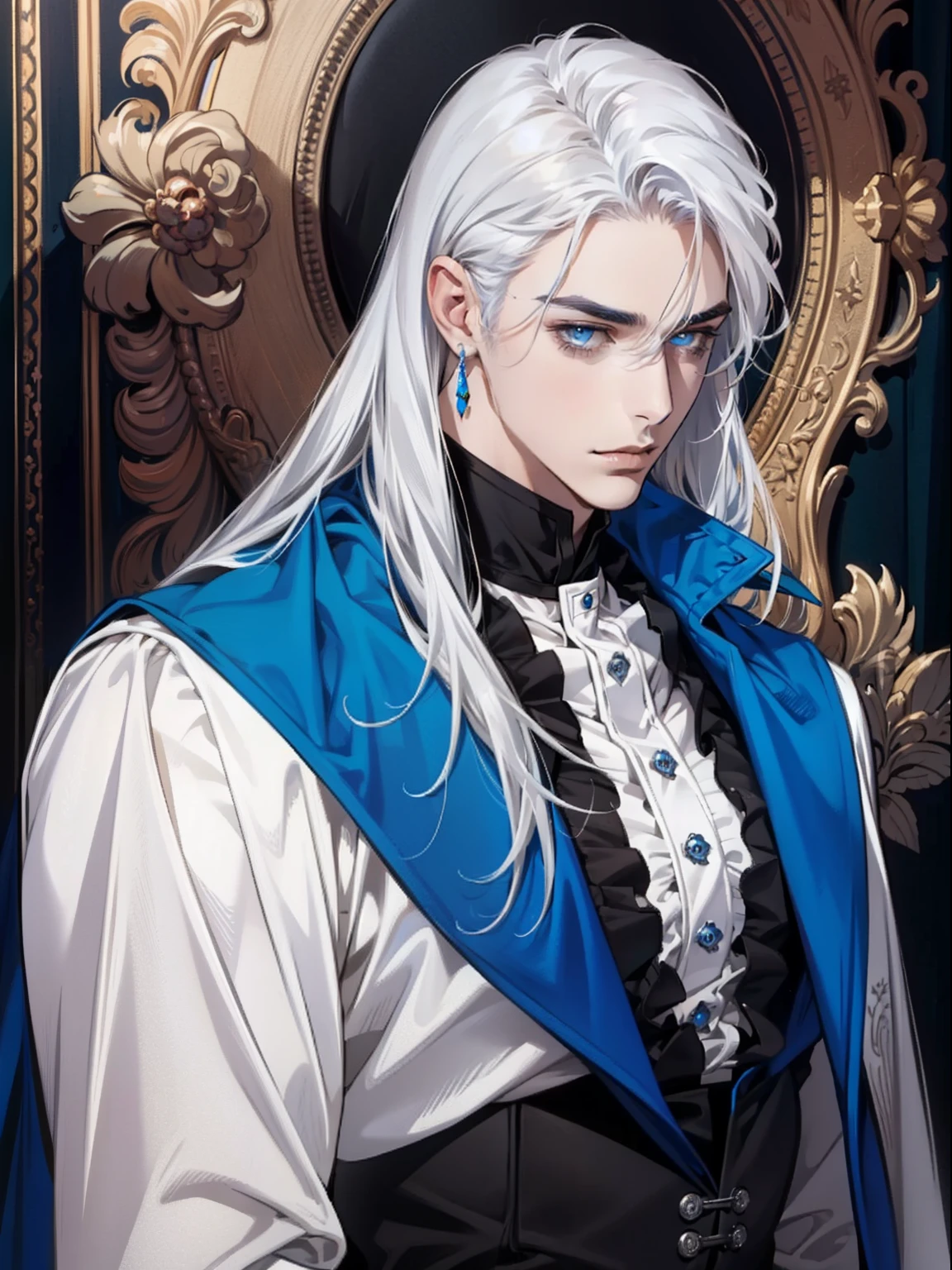 (masterpiece, best quality:1.2), (absurd res, high res, ultra detailed), 1 male, adult, handsome, tall muscular guy, broad shoulders, shiny white hair, finely detailed eyes, portrait, looking at viewer, solo, half shot, detailed background, detailed face, (gothic), high fantasy, look at camera, sliver long hair, perfect detailed face, perfect detailed hands, king, opal blue eyes, depicting delicate facial features, white uniform, blue cape, small earrings, black pants