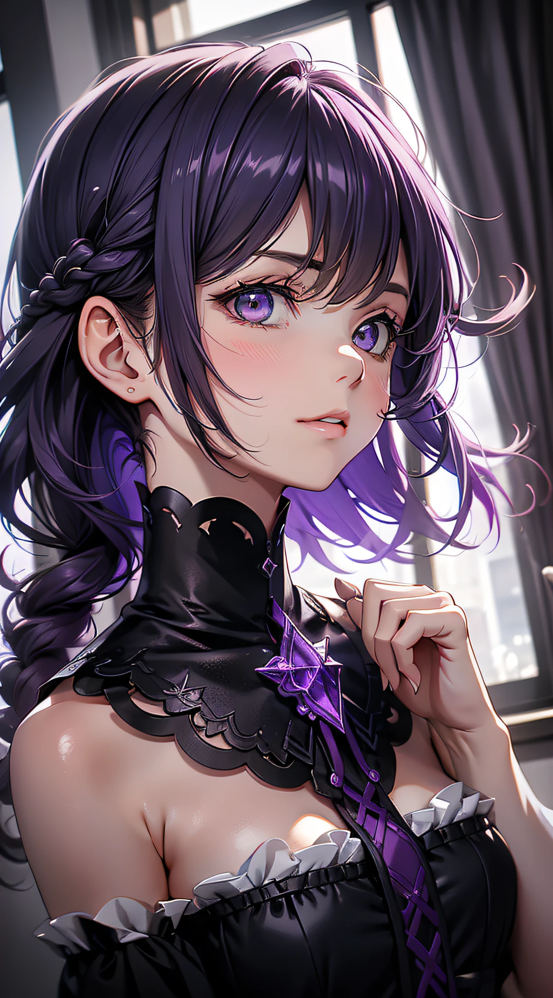 Anime girl with purple hair and purple eyes in a black corset - SeaArt AI