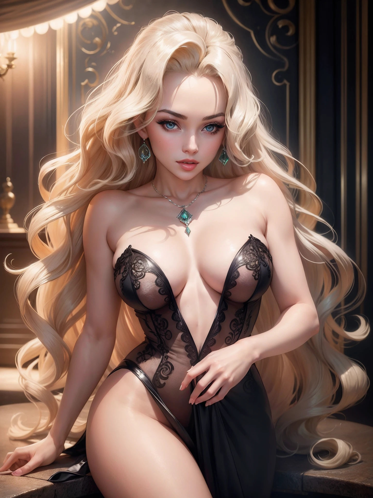realistic, a beautiful 22-year-old Marilyn Monroe, flawless, pretty young woman exuding a graceful and alluring presence, pretty face, blonde hair, big brown eyes, . Her figure is perfection, Happy face, Full buts, impressive emerald and diamond necklace, 8k resolution concept art portrait, (((long wavy hair)), (seductive lips:1.3), highly detailed face and skin texture, ((highly seductive)), --auto