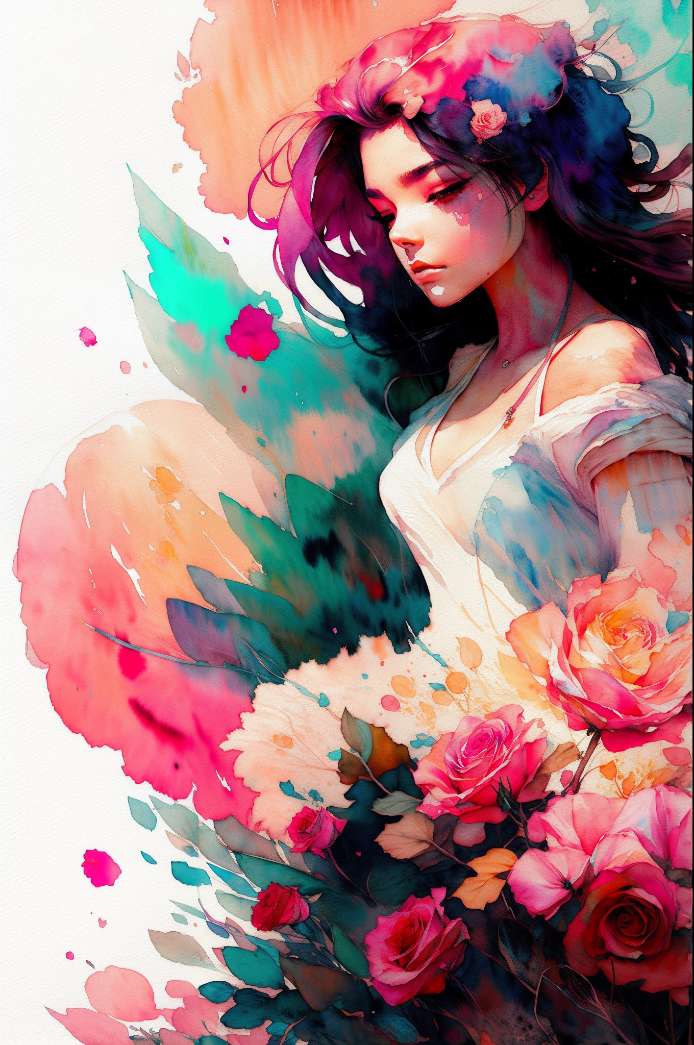 wtrcolor style, (rose) digital art, official art, blown by the wind, masterpiece, beautiful, ((watercolor)), paint splatter, intricate detail. Great detail, [dripping:0.7], Trending on Artstation, Rachel Walker
