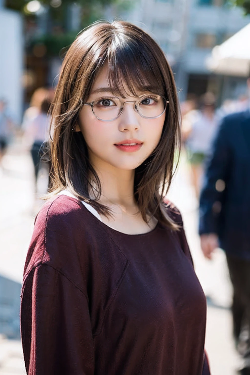 (8K、Raw photography、top-quality、​masterpiece:1.2)、(realisitic、Photorealsitic:1.37)、ultra-detailliert、超A high resolution、女の子1人、see the beholder、beautifull detailed face、A smile、Constriction、(Slim waist) :1.3)、Refreshing summer clothes、Beautiful detailed skin、Skin Texture、Floating hair、((voluminous hairstyle))、Professional Lighting、In the street、((eye glass))、human's body、Brown hair