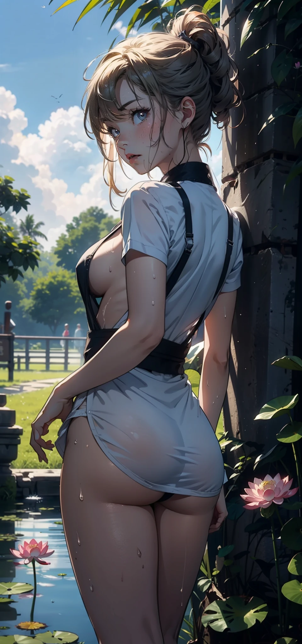 1female,age 5,Small ,Low chest exposure, 独奏,(Background with:bamboo forrest,lotuses,lotus flower,exteriors,Lotus pond) She has short blonde hair,standing on your feet,Sweat profusely,drenched all over the body,seen from the front, hair straight, mostly cloudy sky,(((tmasterpiece),(Very detailed CG unity 8K wallpaper),best qualtiy,cinmatic lighting,detailed back ground,beatiful detailed eyes,Bright pupils,Black eyes,(Very fine and beautiful),(Beautiful and detailed eye description),ultra - detailed,tmasterpiece,)),facing at camera,A high resolution,ultra - detailed),revealing breasts,Bare genitalia, Bulge,legs are open,Raised sexy,Camel toes,Flushed complexion,Open-mouthed,frontage,elementary student(Wearing:Transparent apron,nakeness)