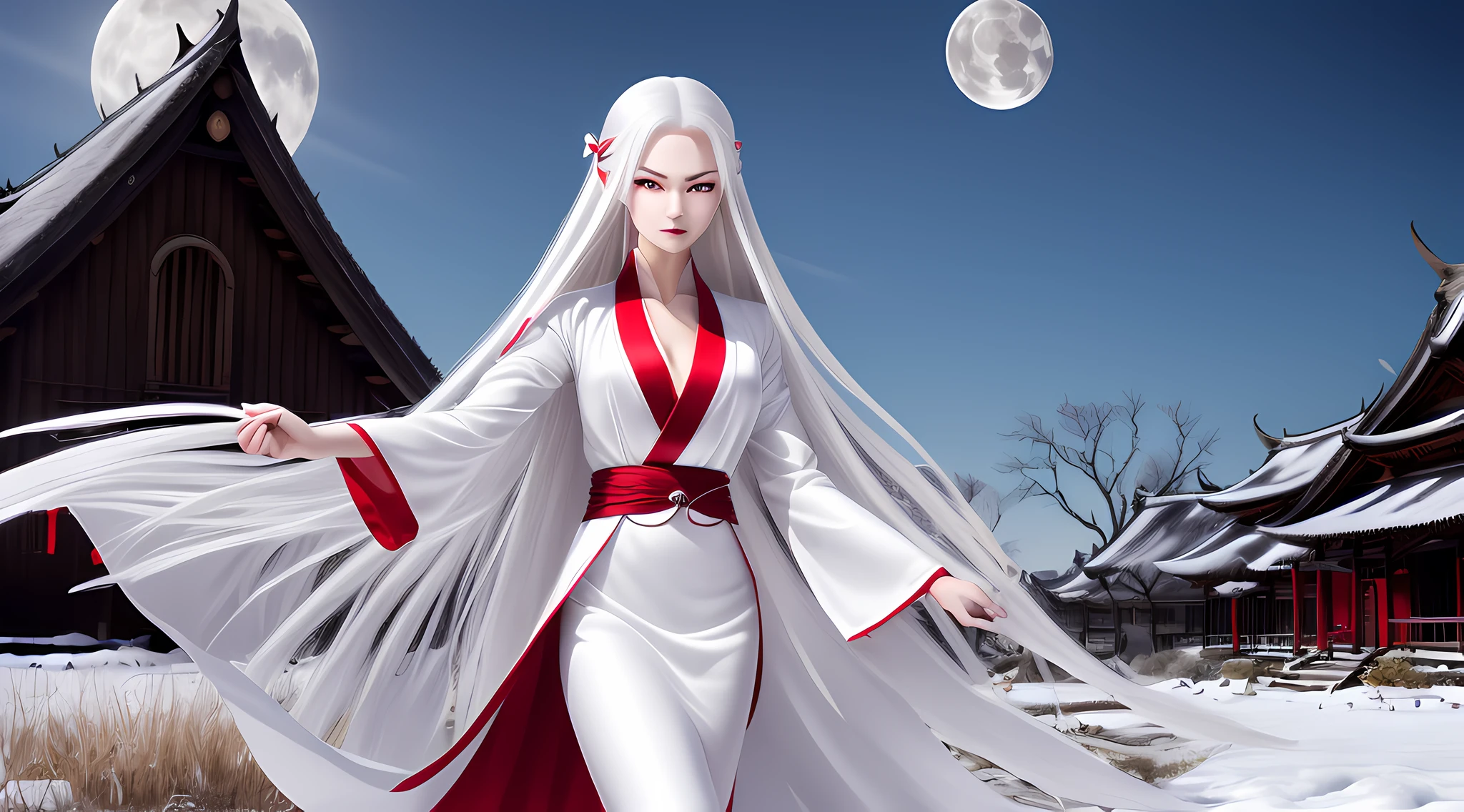 ((top-quality, A hyper-realistic, high-level image quality: 1.3))、(snow woman)、(nigh sky)、 Crisp focus: 1.2、Beautiful Women in Perfect Style: 1.4, Slender face: 1.2, ((red eyes、pure white hair、Pure white skin、Long hair, Big: 1.4, Slender features)), Highly detailed facial and skin texture, Detailed eyes, Double eyelids, 1 adult female、elongated legs、(White yukata)、grass field、(snowscape)、(Big Moon)、((dark sky、Old house with thatched roof))