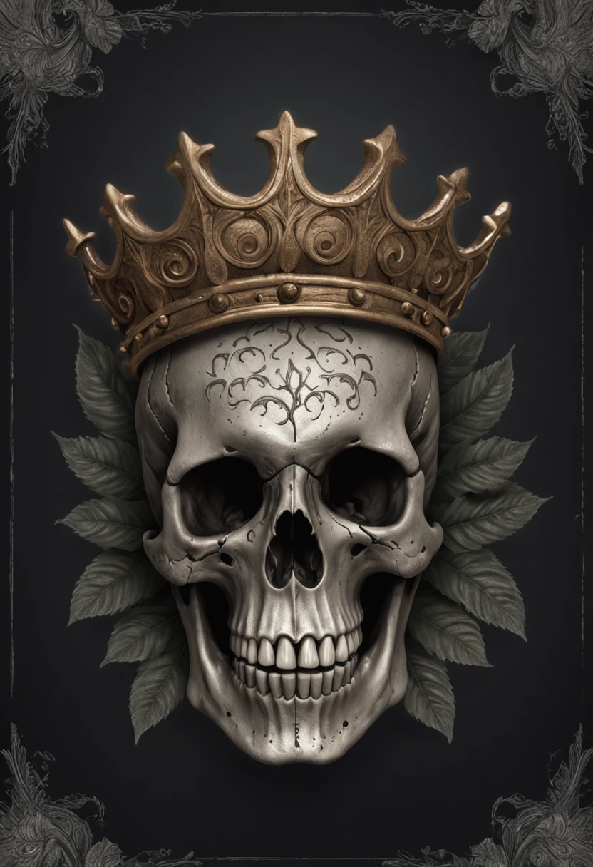 a skull with a crown of thorns and leaves on it, fantasy skull, arte escura altamente detalhada, Arte digital escura, mas detalhada, death skull, Tinta de caveira, skull design for a rock band, skull like, ((skull)), design de tshirt de metal pesado, arte detalhada assustadora em cores, estilo de arte escuro, sacred skull, vida e morte se misturando, morphing skulls