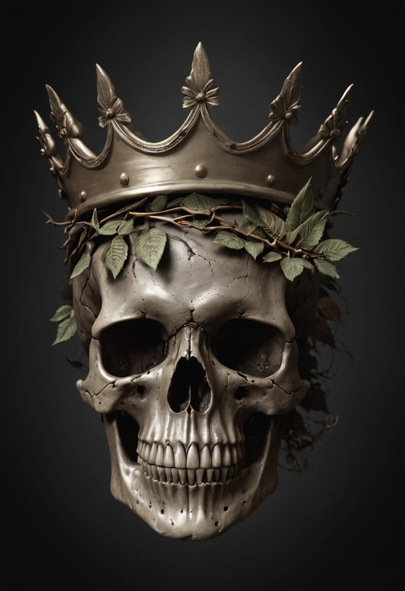 a skull with a crown of thorns and leaves on it, fantasy skull, arte escura altamente detalhada, Arte digital escura, mas detalhada, death skull, Tinta de caveira, skull design for a rock band, skull like, ((skull)), design de tshirt de metal pesado, arte detalhada assustadora em cores, estilo de arte escuro, sacred skull, vida e morte se misturando, morphing skulls